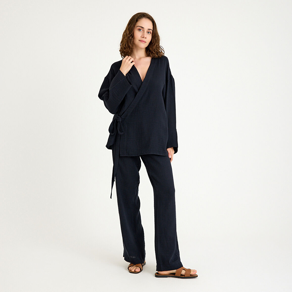 %100 Pamuklu Dokuma İçten Bağlamalı Müslin Kimono-Pantolon Alt Üst Takım