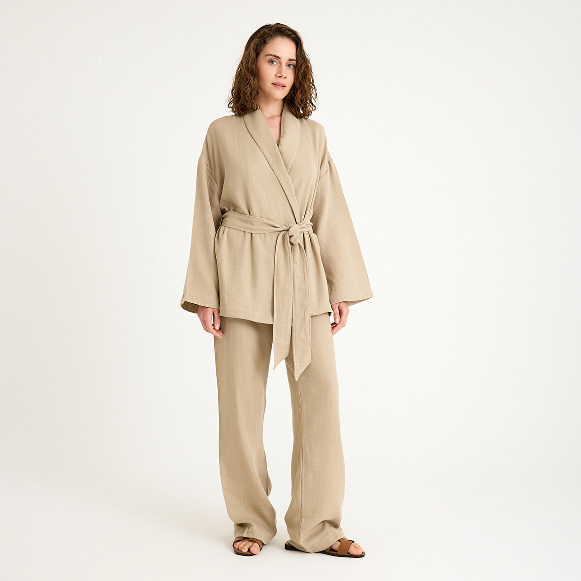 %100 Pamuklu Dokuma Şal Yaka Müslin Kimono-Pantolon Alt Üst Takım