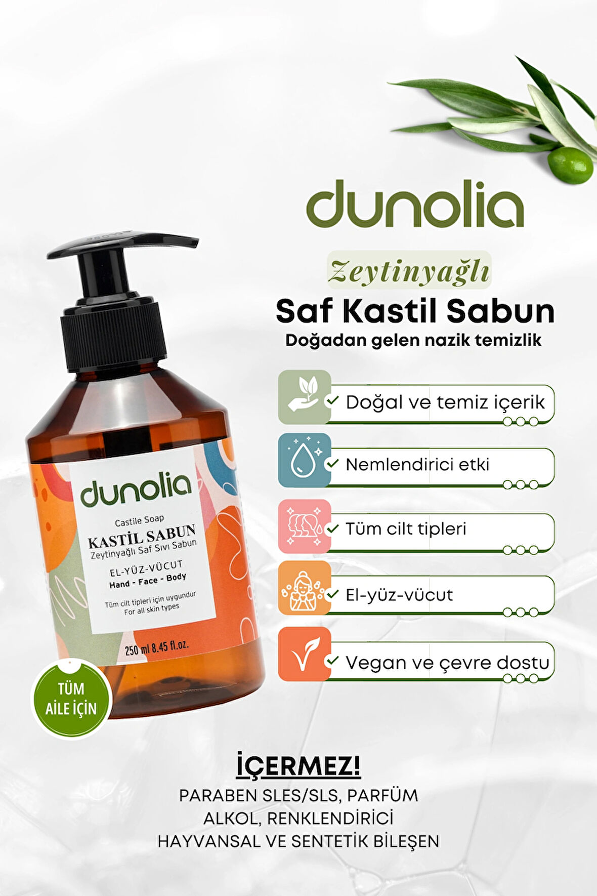 Dunolia Zeytinyağlı Kastil Sıvı Sabun Hassas Ciltler Egzama Kuruluk Nemlendirici Arındırıcı Vegan El Yüz Vücut 250 ml