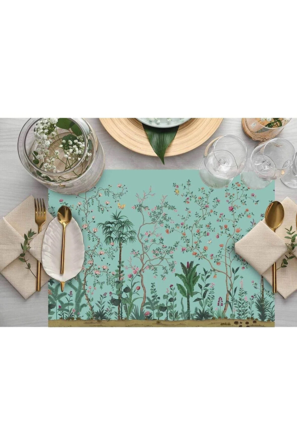 Turkuaz Renkli Çiçek Detaylı Kumaş Amerikan Servis 4'lü Set 35x50cm