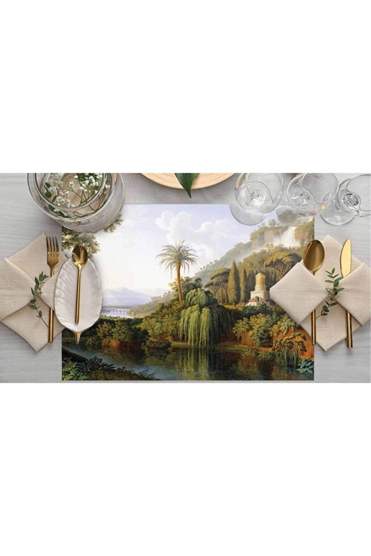 Yeşil Orman Manazaralı Kumaş Amerikan Servis 4'lü Set 35x50cm