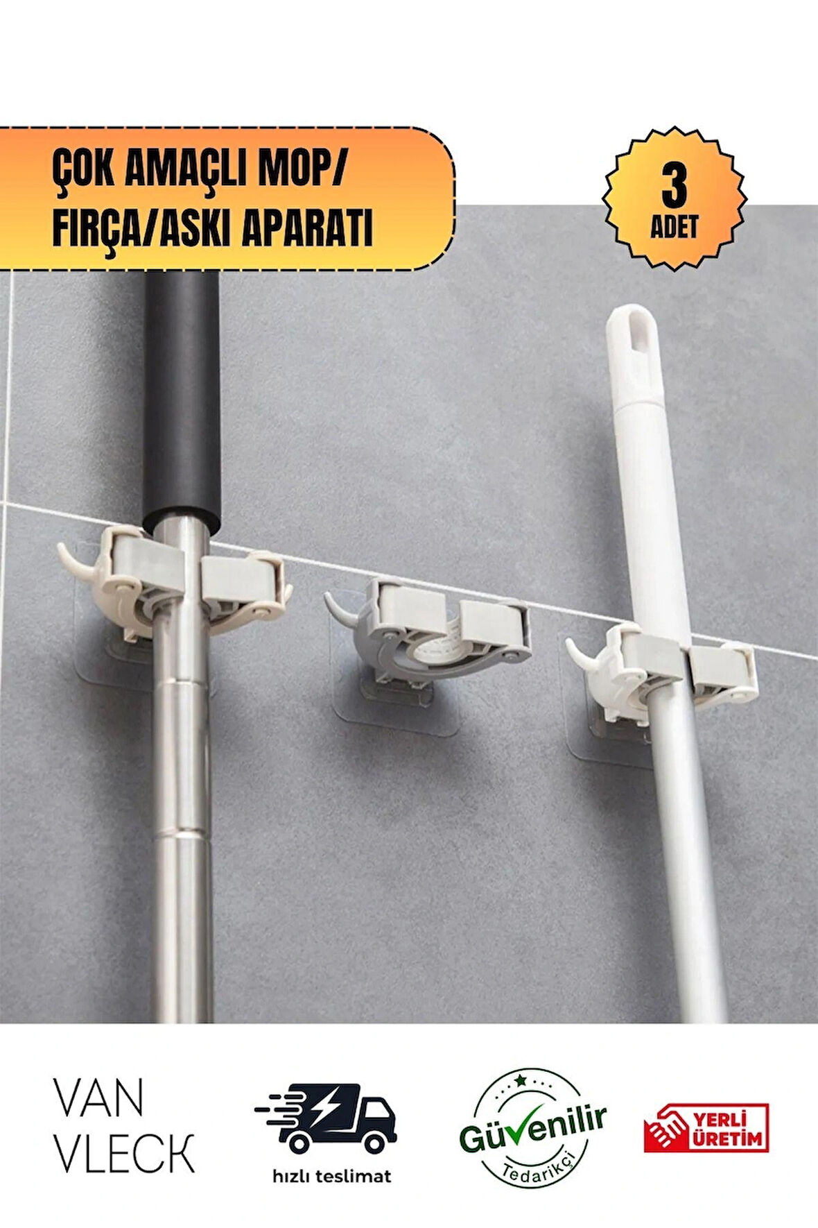 3'lü Sihirli Mop ve Fırça Sapı Tutucu – Duvara Monte Pratik Askı Aparatı