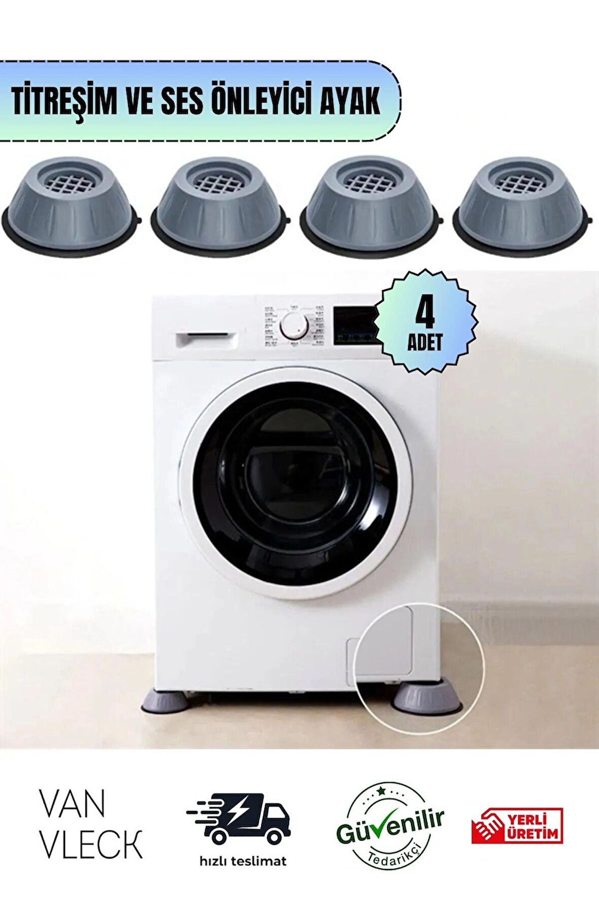 4 Adet Çamaşır, Buzdolabı, Bulaşık Makinesi Titreşim Önleyici Yükseltici Beyaz Eşya Altlığı Ayağı