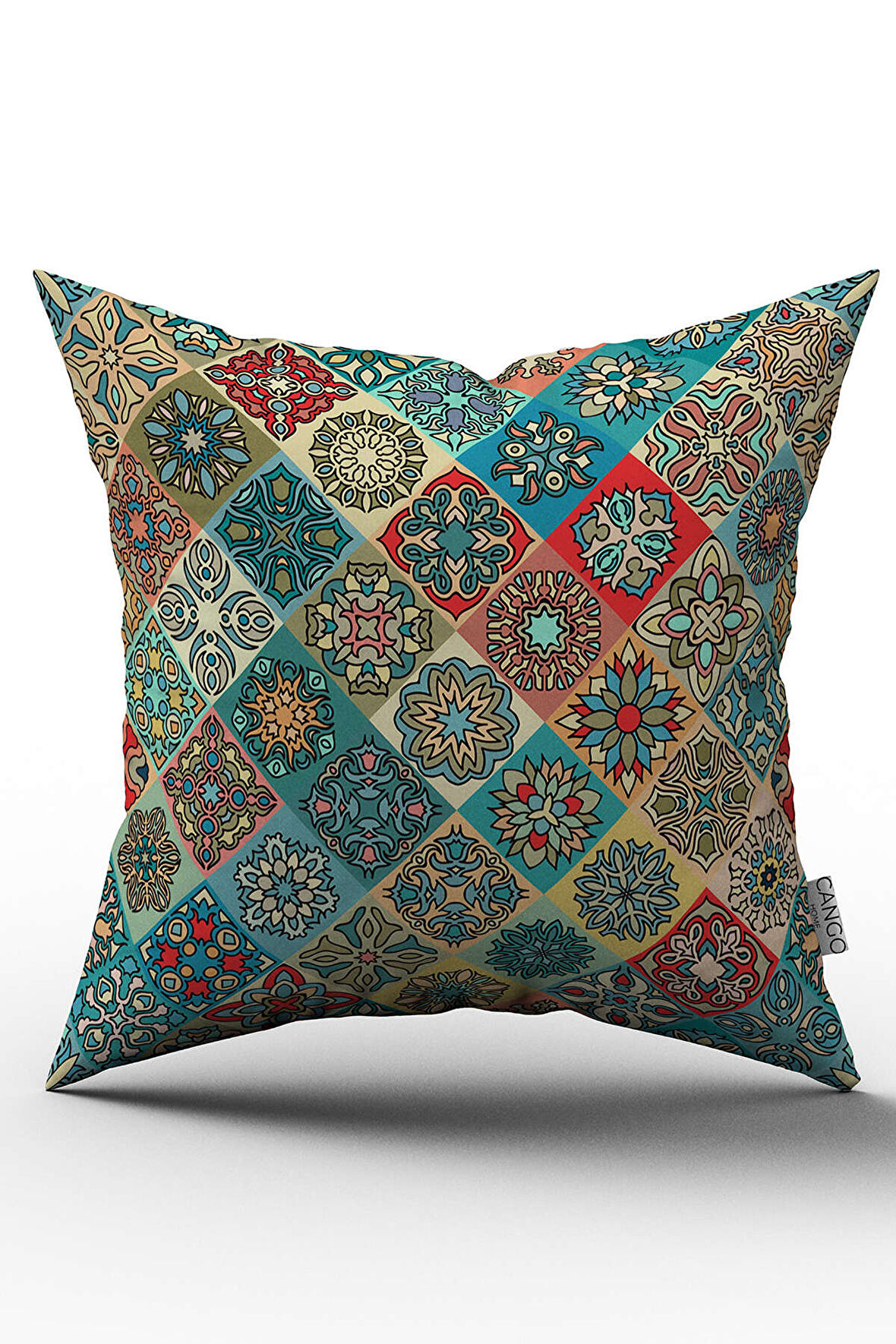Yeşil Çok Renkli Retro Vintage Desenli Dijital Baskılı Kırlent Kılıfı  - OTYK017
