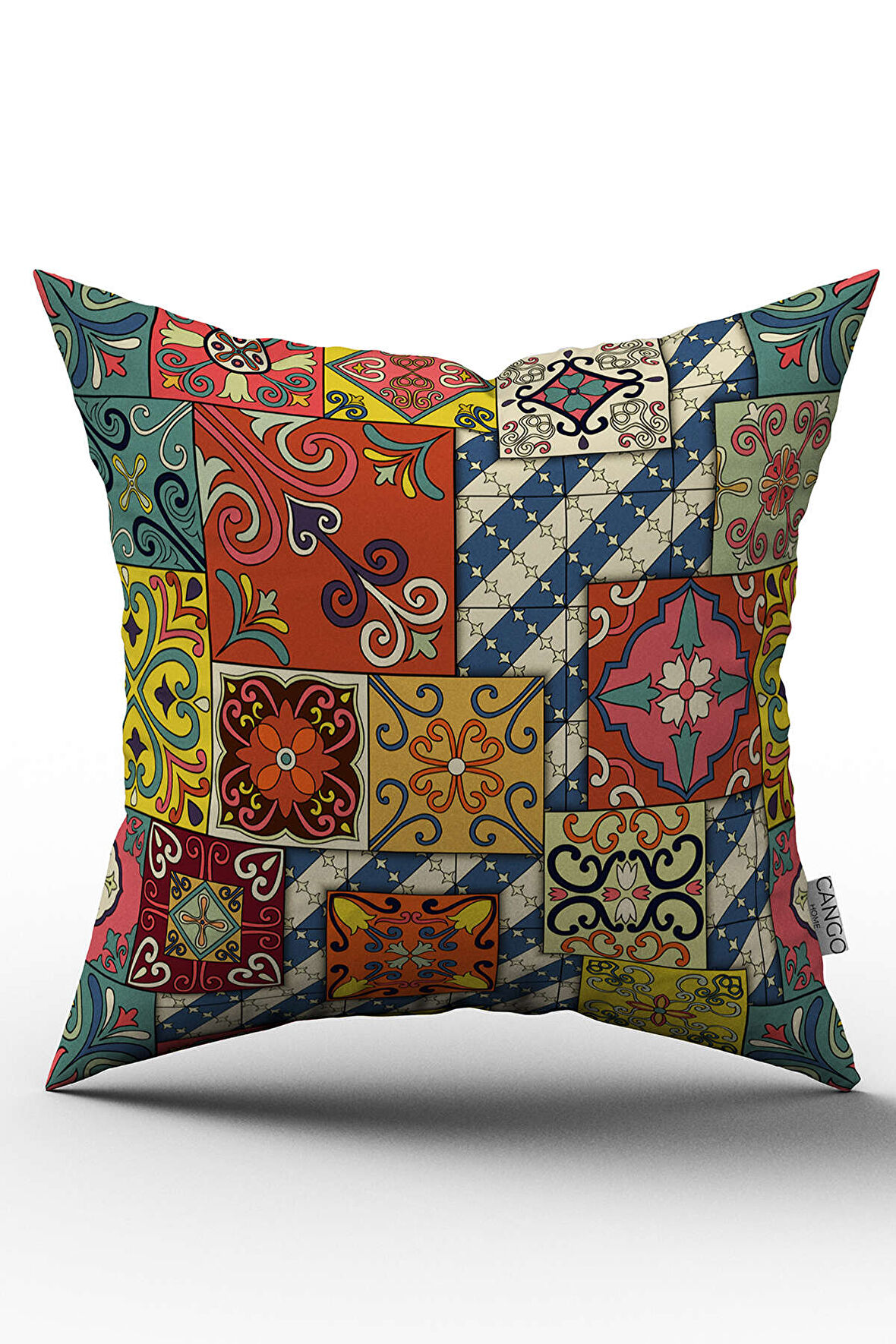 Sarı Çok Renkli Retro Vintage Desenli Dijital Baskılı Kırlent Kılıfı  - OTYK030