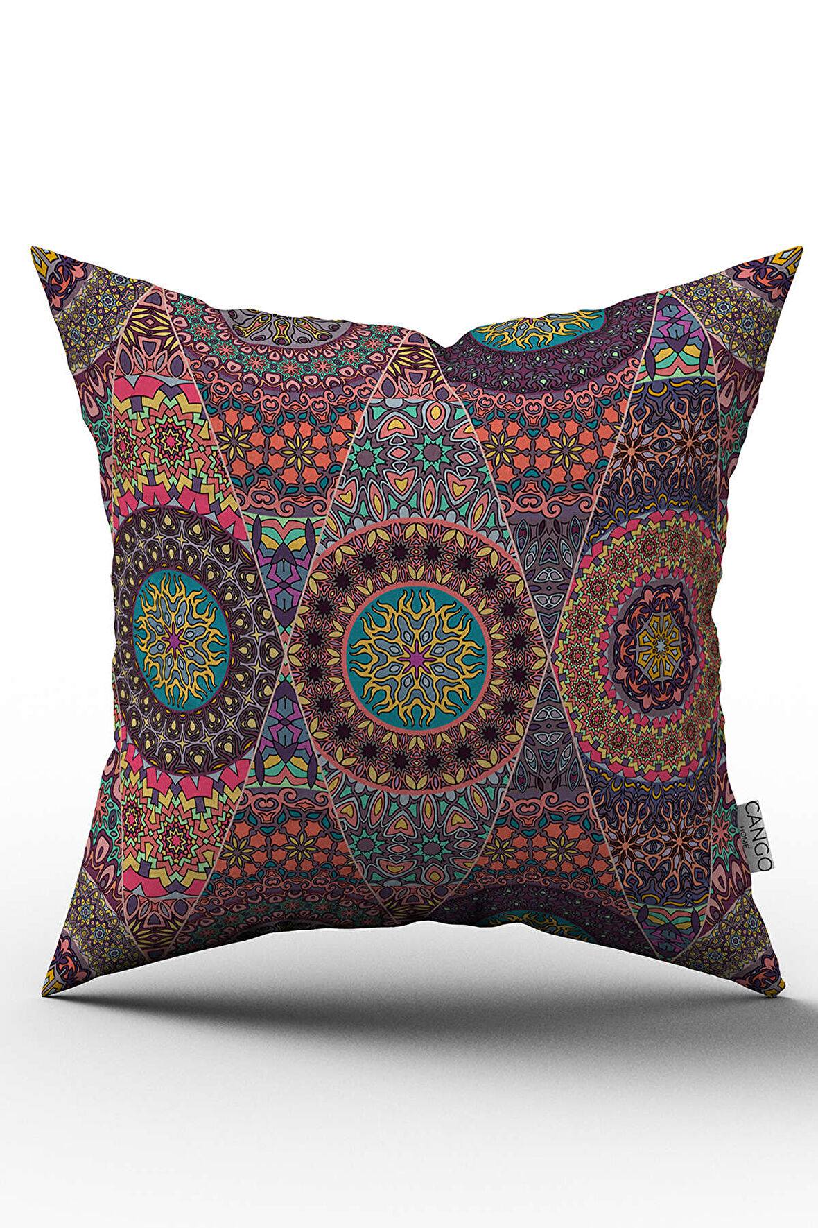 Pembe Çok Renkli Retro Vintage Desenli Dijital Baskılı Kırlent Kılıfı  - OTYK036