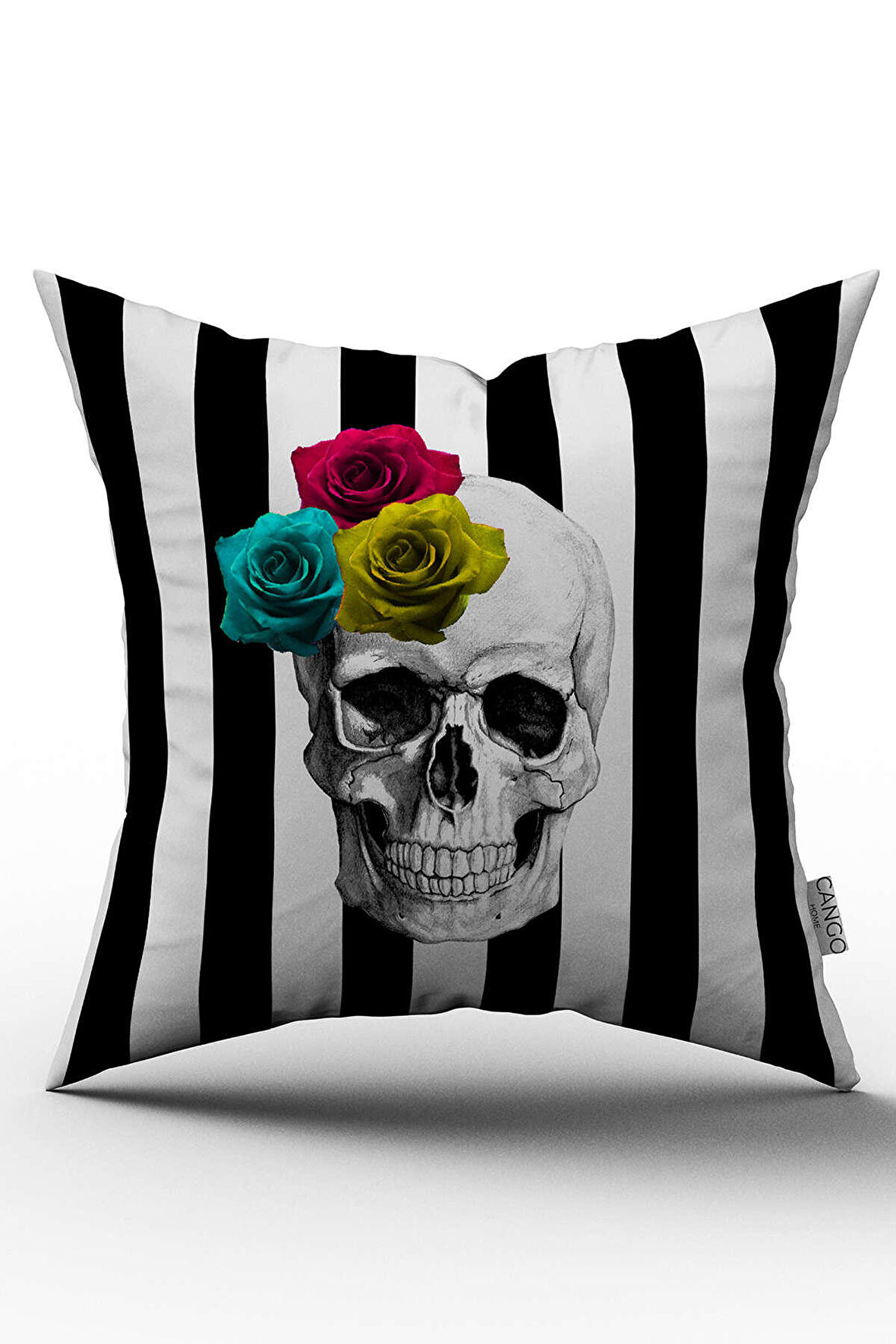 Siyah Beyaz Çizgili Kuru Kafa Figürlü Dijital Baskılı Kırlent Kılıfı - YST09