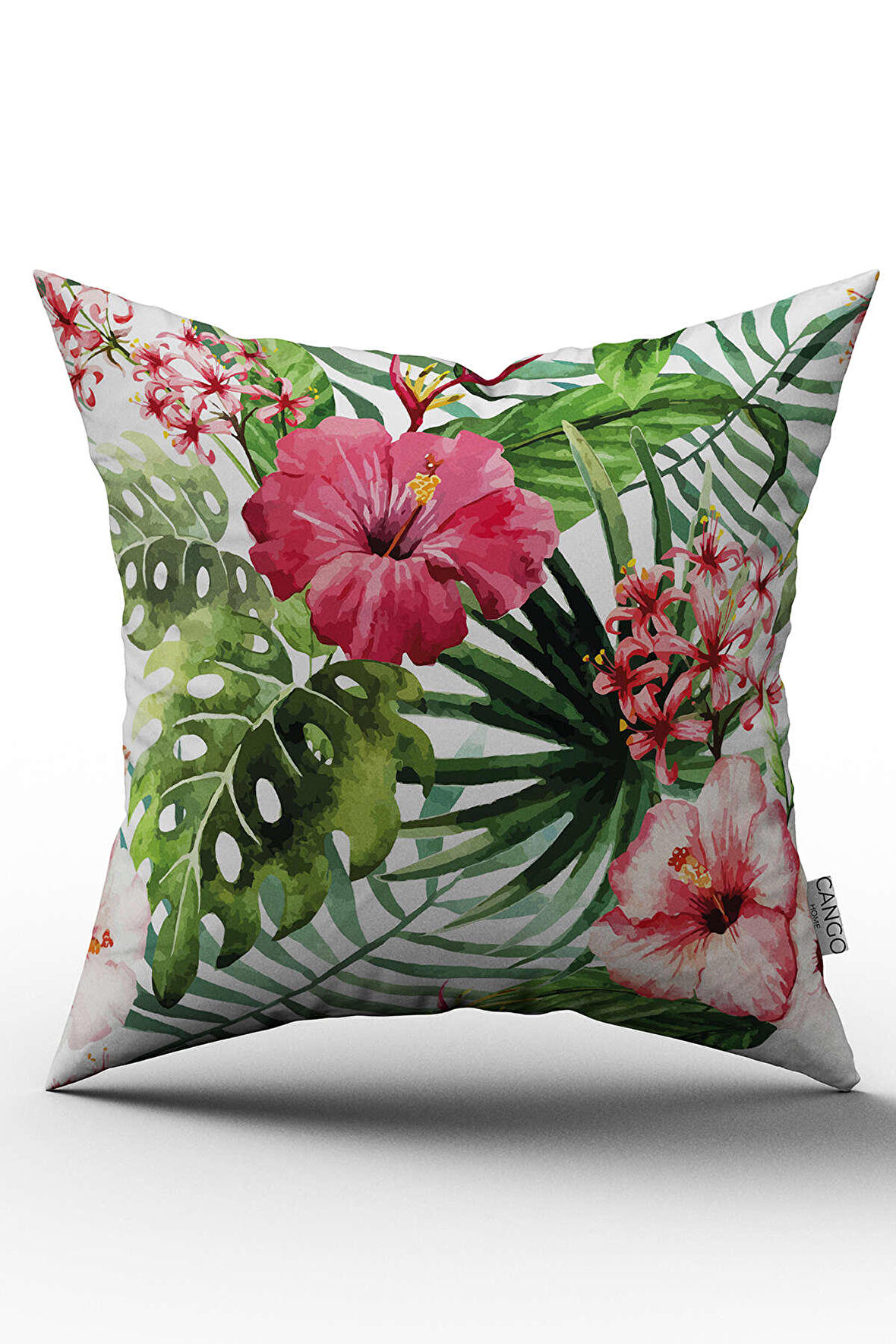 Yeşil Pembe Tropikal Çiçek Desenli Dijital Baskılı Kırlent Kılıfı - YST13