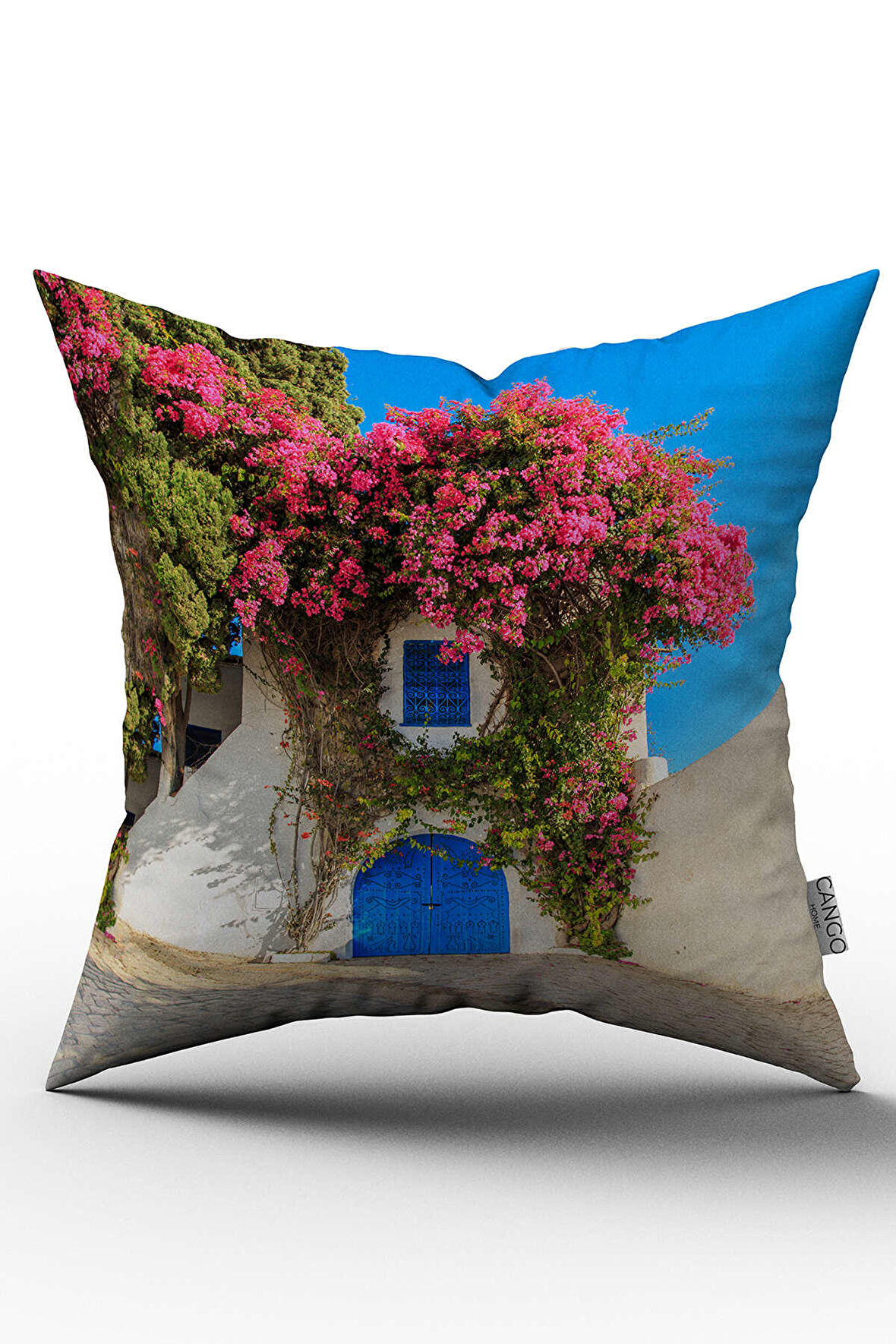 Pembe Çiçekli Bodrum Evi Dijital Baskı Kırlent Yastık Kılıfı  - CHCCK55
