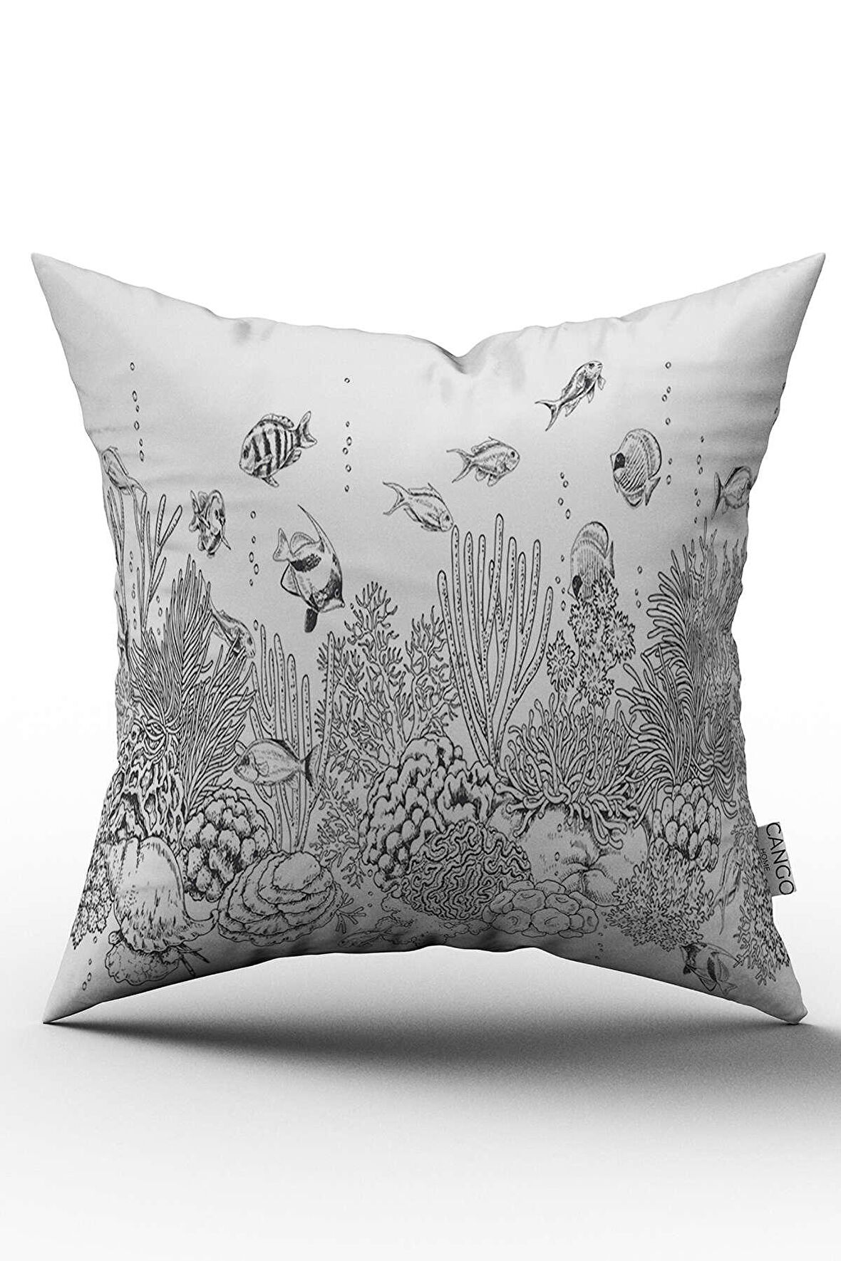 Siyah Beyaz Denizaltı Temalı Dijital Baskılı Kırlent Kılıfı  - OTYK296