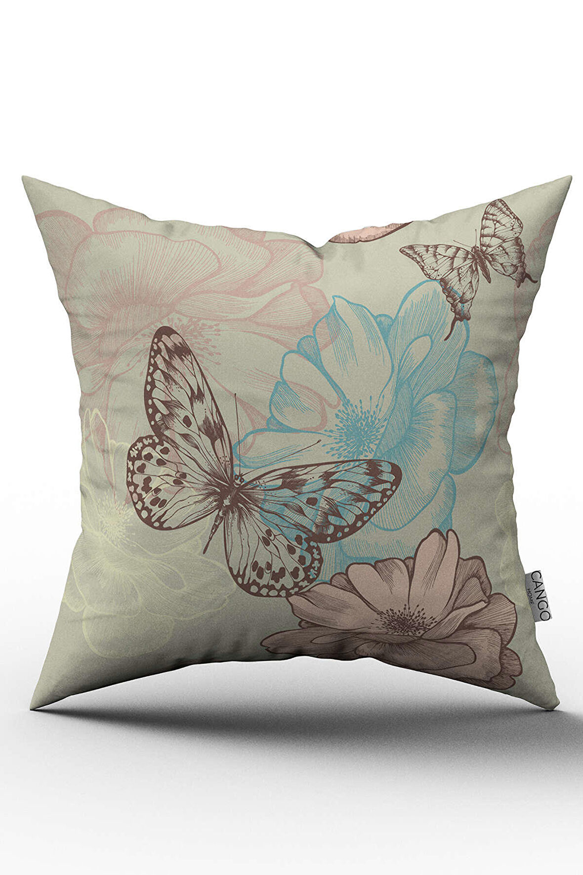 Yeşil Pembe Çiçek ve Kelebek Desenli Dijital Baskılı Kırlent Kılıfı  - OTYK310