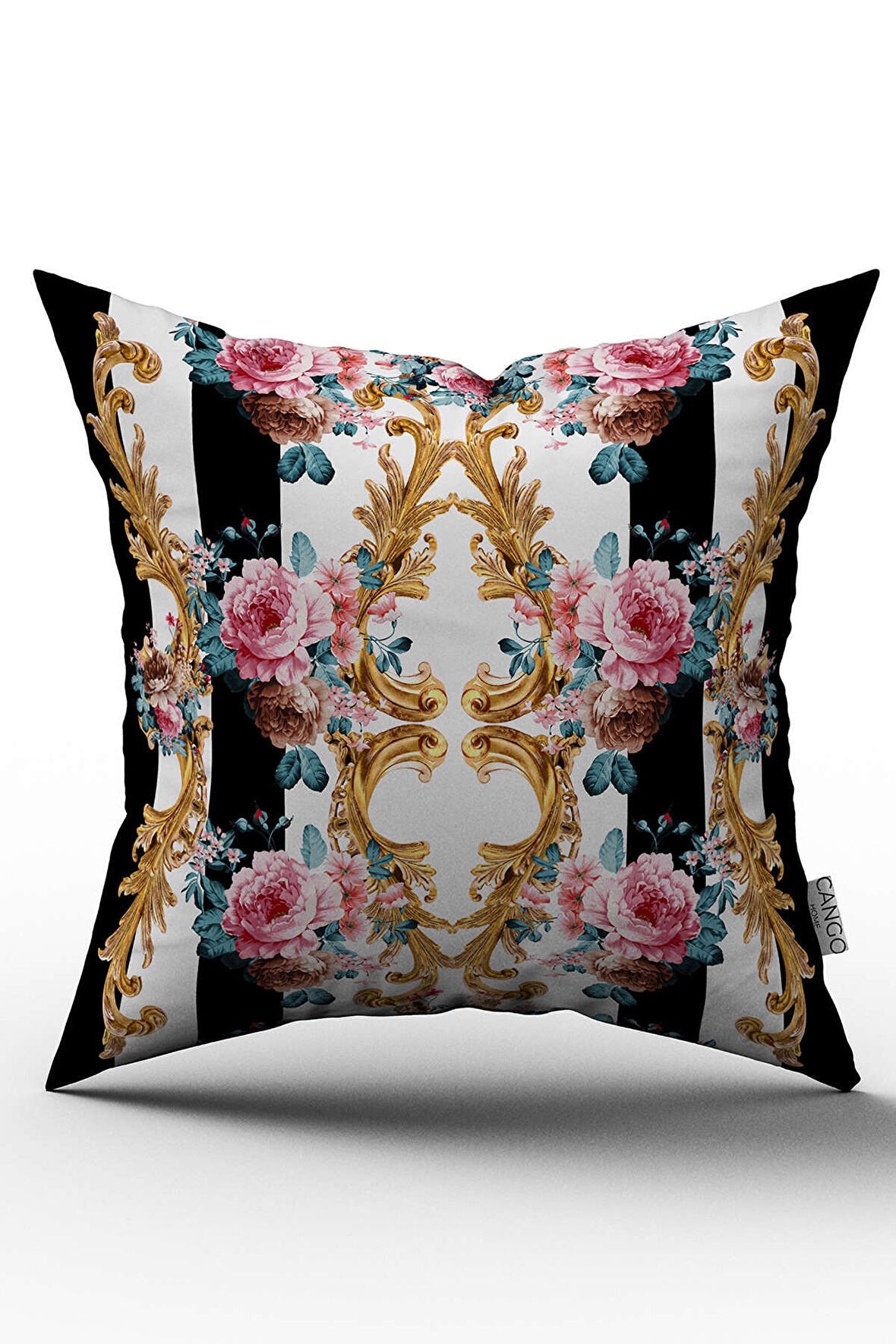 Siyah Beyaz Çiçek Desenli Dijital Baskılı Kırlent Kılıfı  - OTYK465