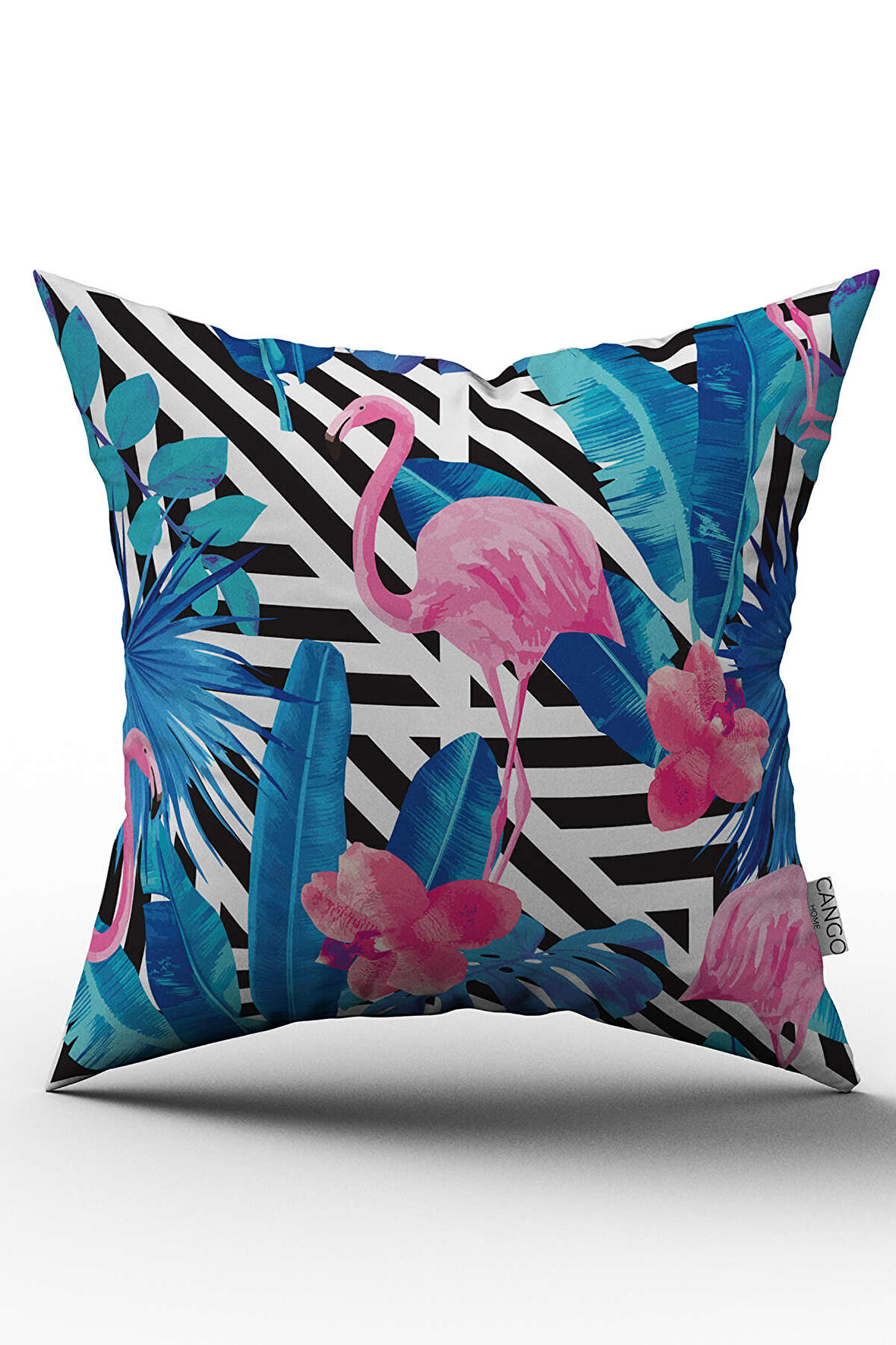 Mavi Pembe Tropikal Flamingo Figürlü Desenli Dijital Baskılı Kırlent Kılıfı  - OTYK469