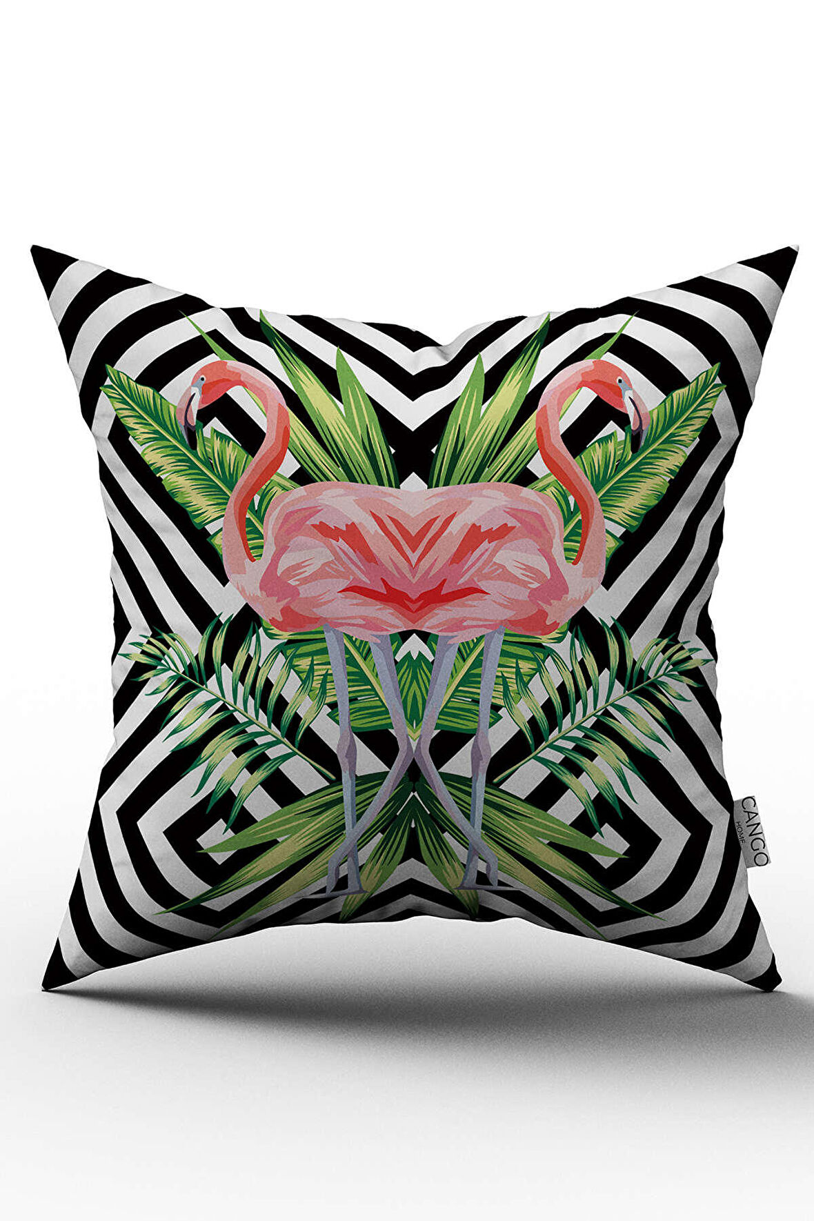 Çift Taraflı Siyah Beyaz Geometrik Tropikal Flamingo Desenli Dijital Baskılı Kırlent Kılıfı - OTYK528-CT