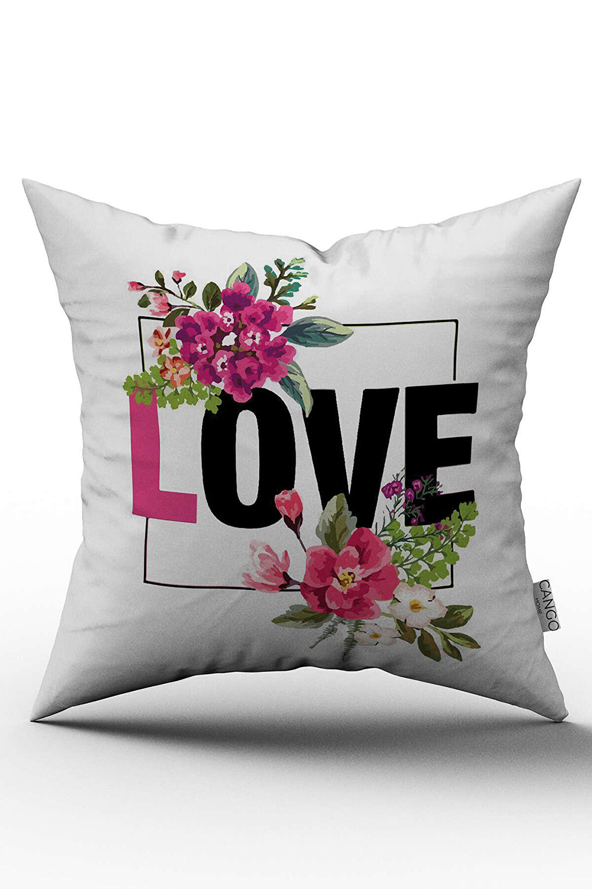Çift Taraflı Beyaz Siyah Love Yazılı Çiçek Desenli Dijital Baskılı Kırlent Kılıfı - OTYK513-CT
