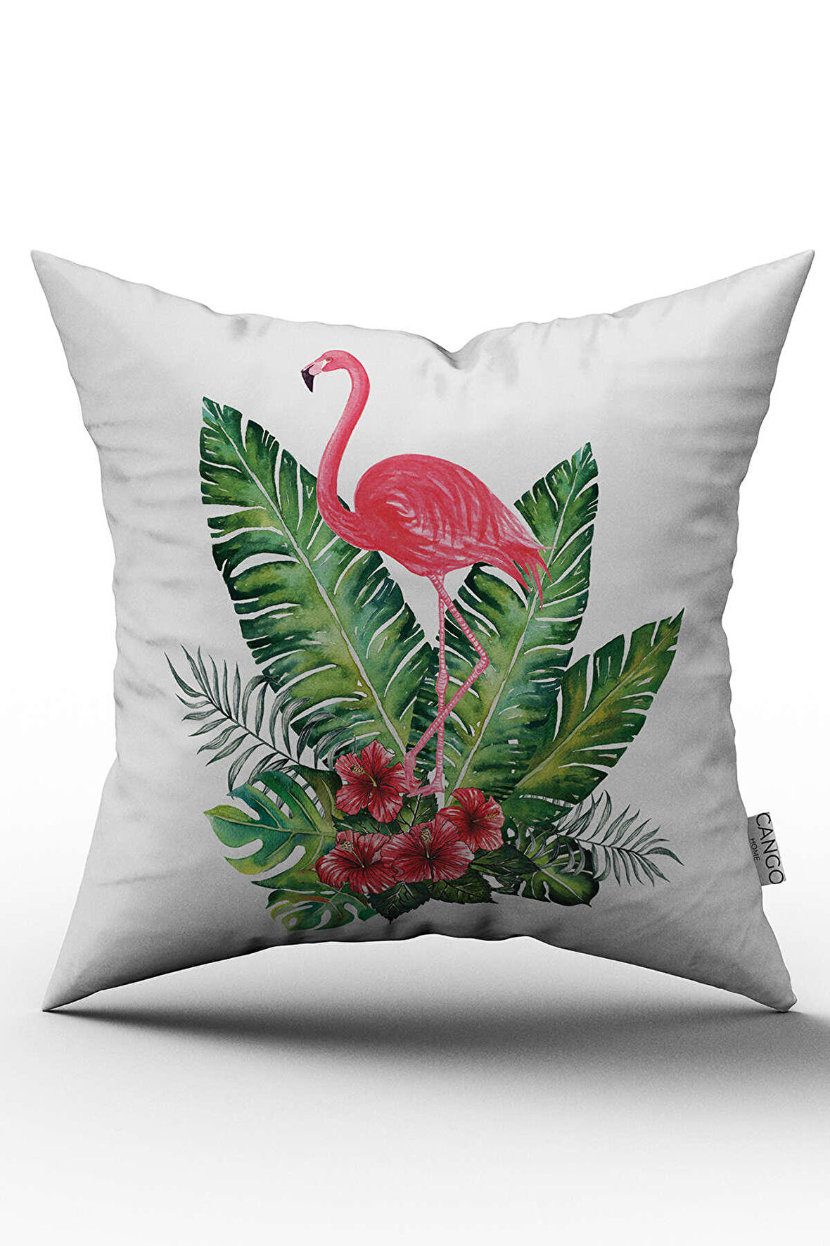 Çift Taraflı Pembe Yeşil Tropik Flamingo Desenli Dijital Baskılı Kırlent Kılıfı - OTYK510-CT