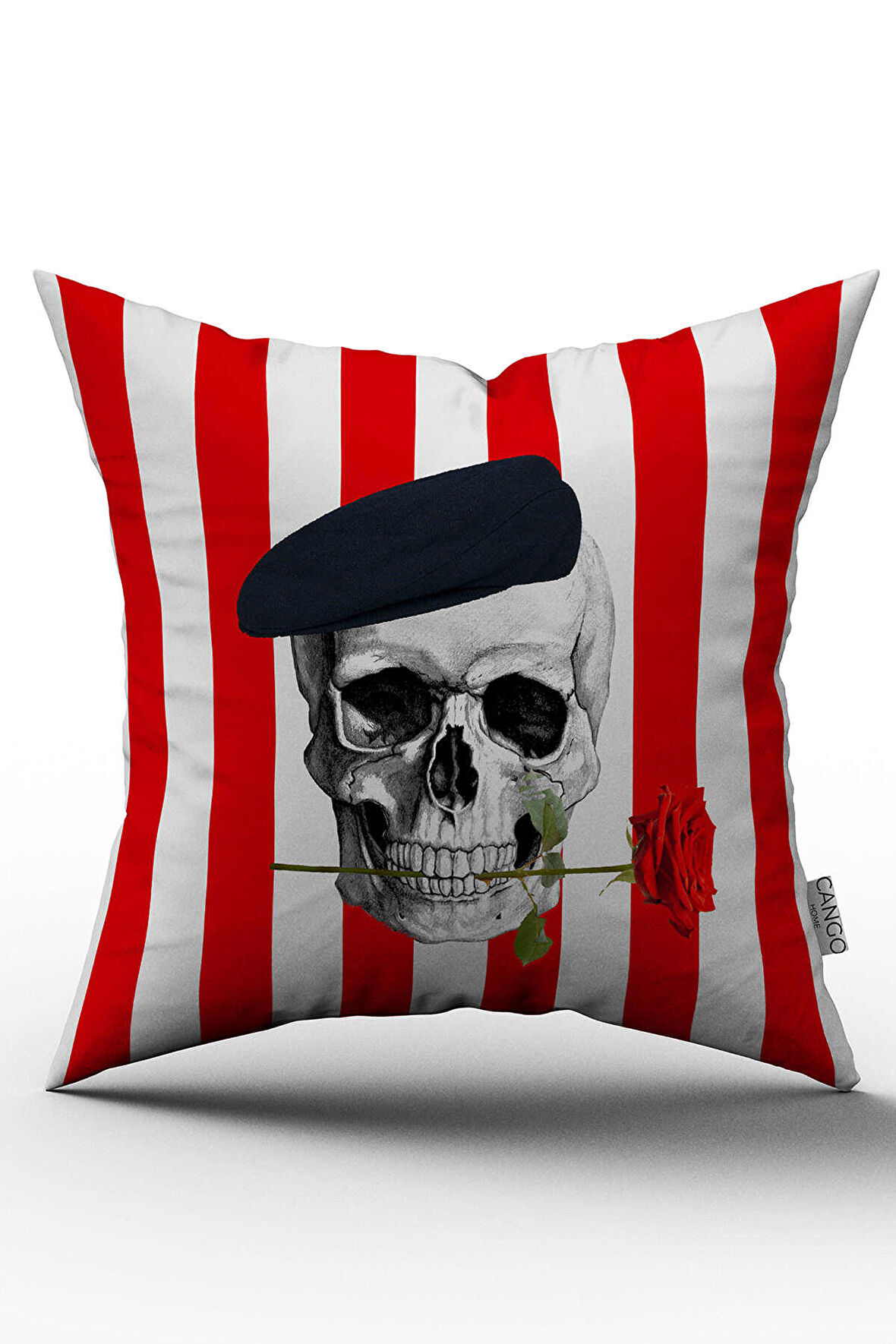 Çift Taraflı Kırmızı Siyah Kuru Kafa Desenli Dijital Baskılı Kırlent Kılıfı - OTYK503-CT