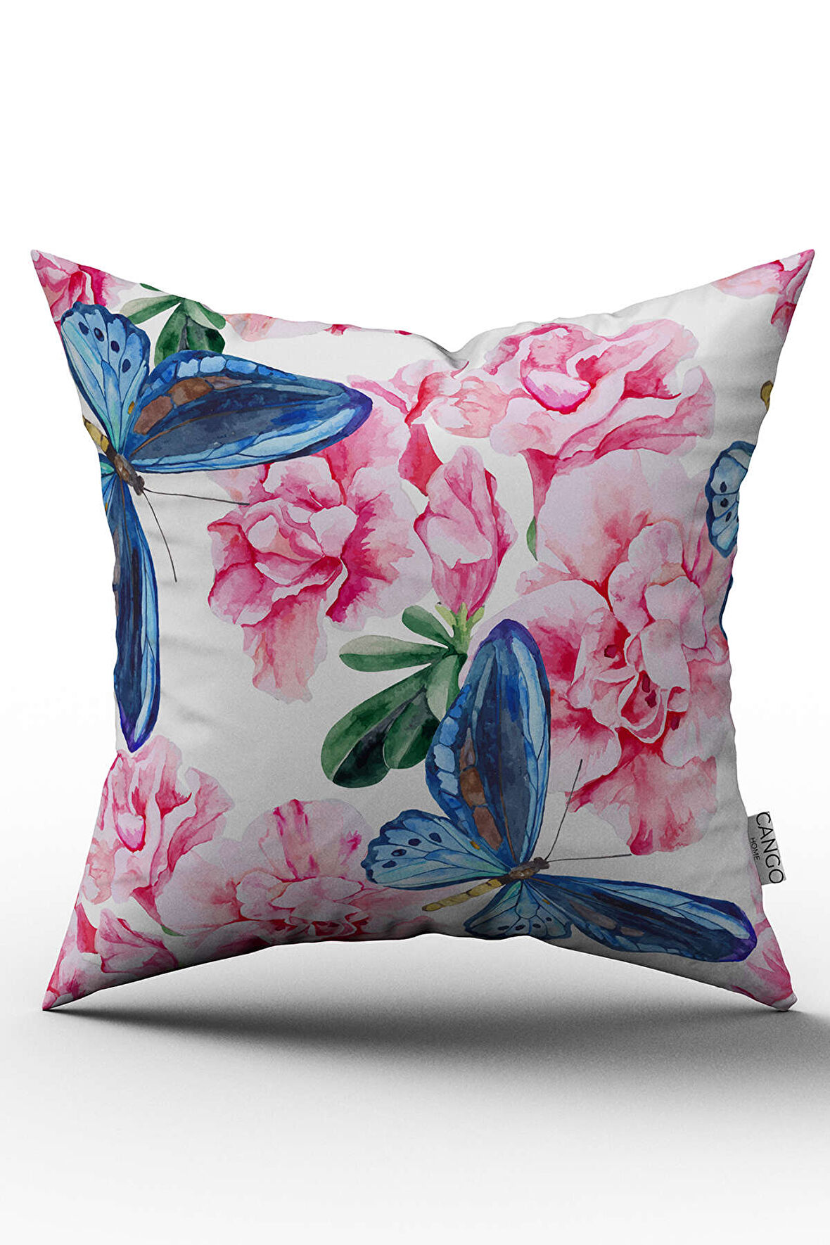 Çift Taraflı Pembe Mavi Kelebek ve Çiçek Desenli Dijital Baskılı Kırlent Kılıfı - OTYK472-CT