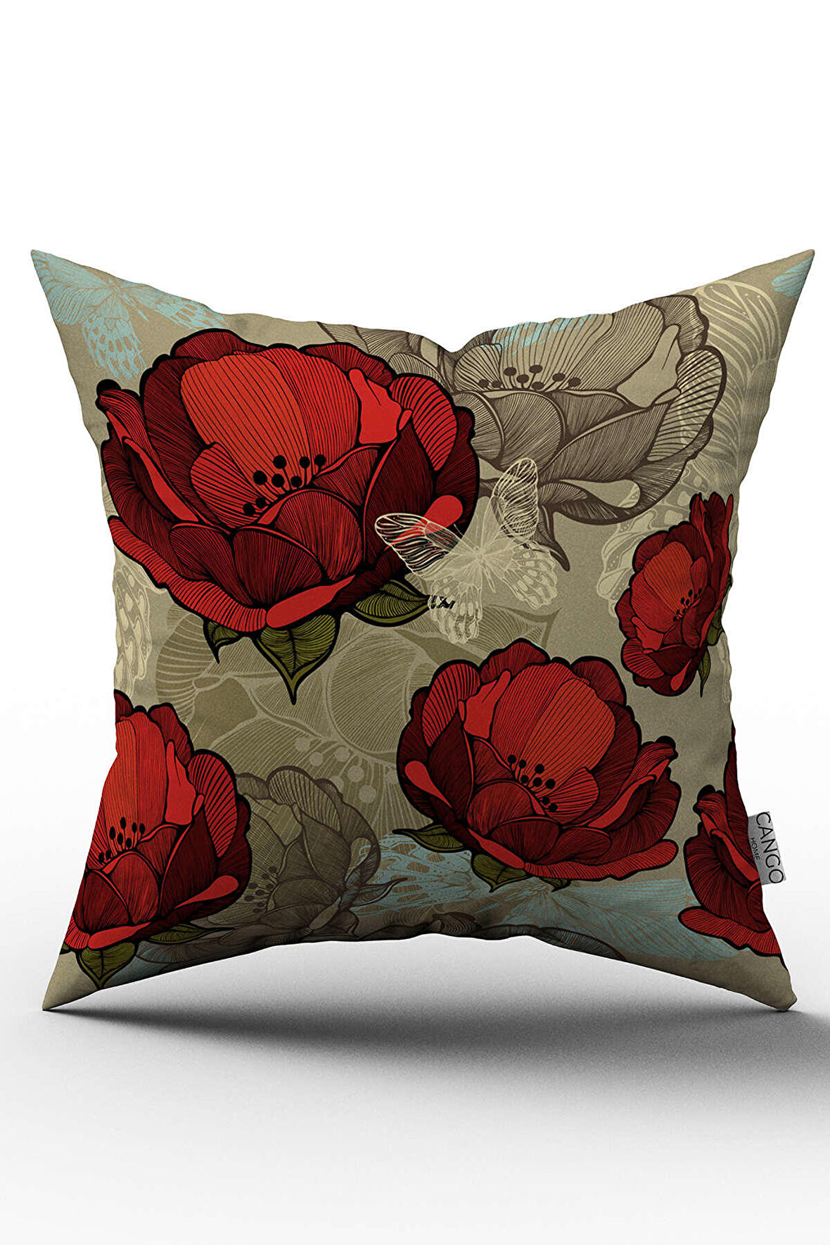 Çift Taraflı Kırmızı Çiçekli Desenli Dijital Baskılı Kırlent Kılıfı - OTYK313-CT