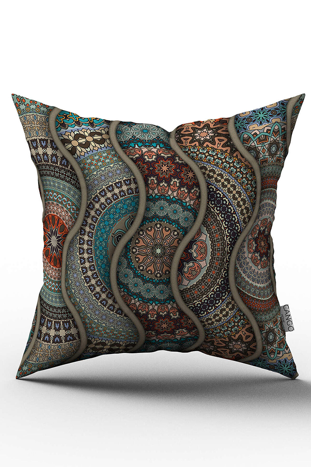 Çift Taraflı Mavi Çok Renkli Retro Vintage Desenli Dijital Baskılı Kırlent Kılıfı - OTYK285-CT