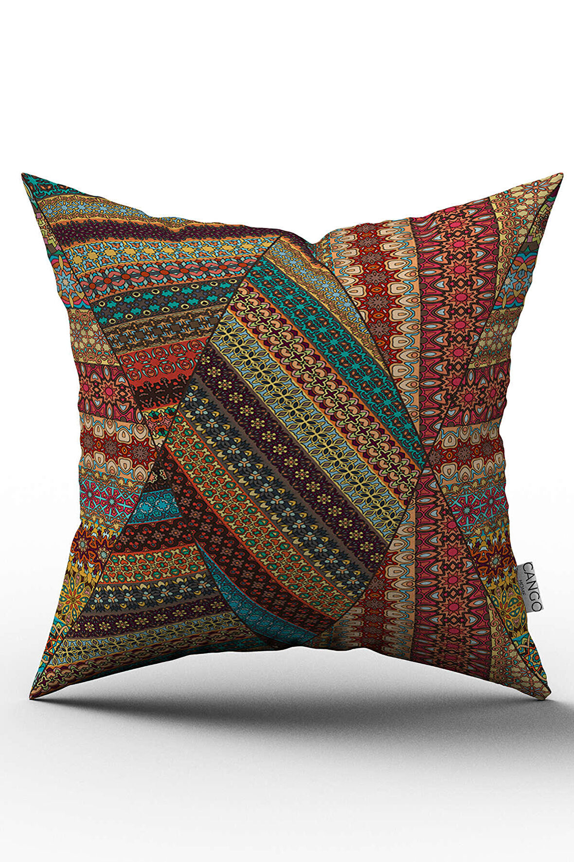 Çift Taraflı Kahverengi Çok Renkli Retro Vintage Desenli Dijital Baskılı Kırlent Kılıfı - OTYK277-CT