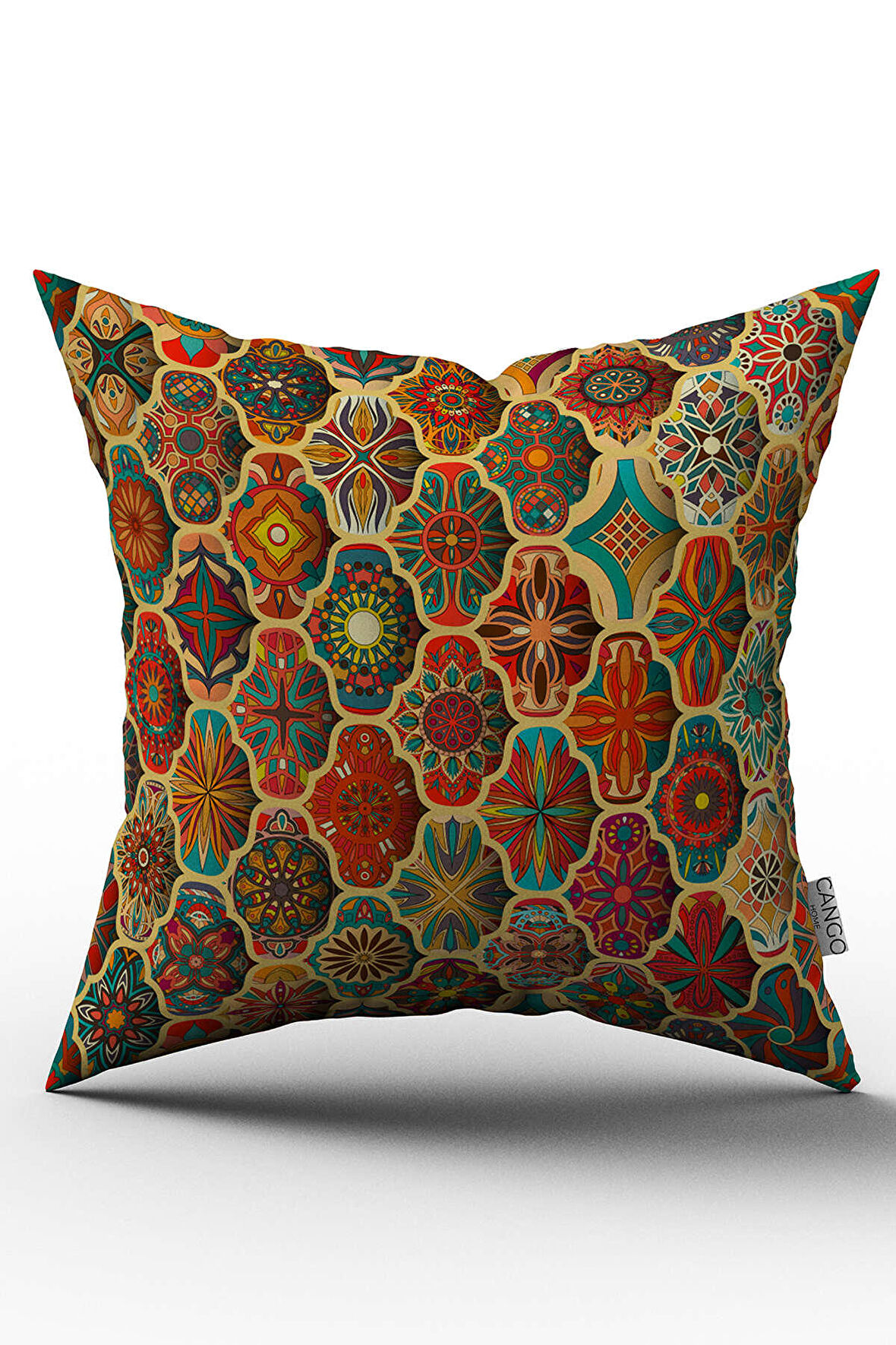 Çift Taraflı Sarı Çok renkli Retro Vintage Desenli Dijital Baskılı Kırlent Kılıfı - OTYK275-CT