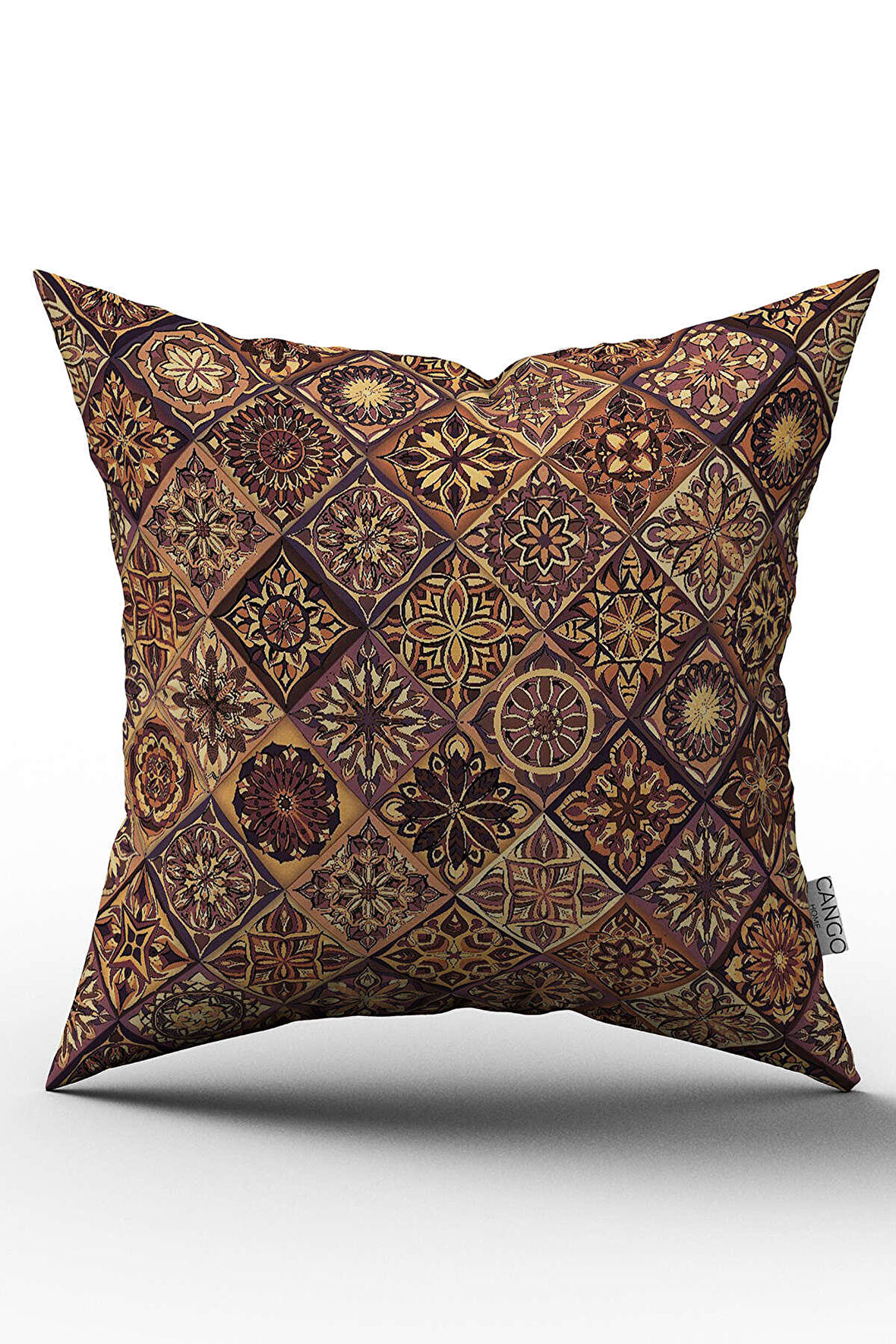 Çift Taraflı Kahverengi Sarı Retro Vintage Desenli Dijital Baskılı Kırlent Kılıfı - OTYK051-CT