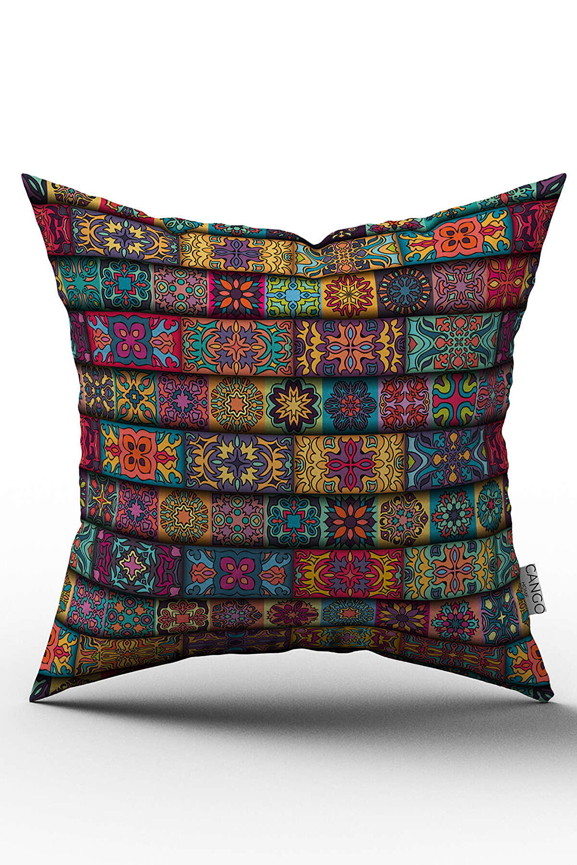 Çift Taraflı Sarı Çok Renkli Retro Vintage Dijital Baskılı Kırlent Kılıfı - OTYK047-CT