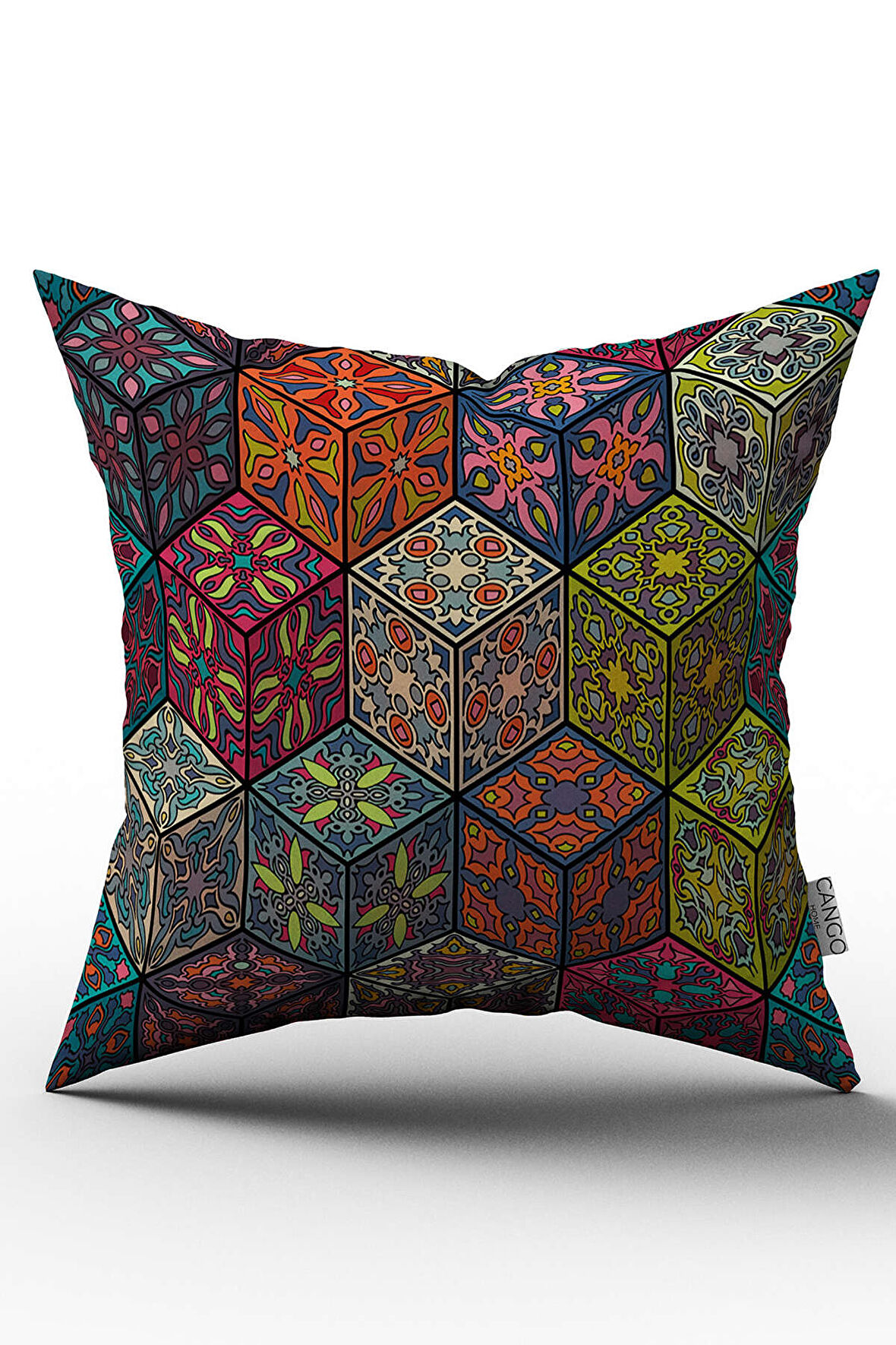 Çift Taraflı Lacivert Çok Renkli Retro Vintage Desenli Dijital Baskılı Kırlent Kılıfı - OTYK018-CT