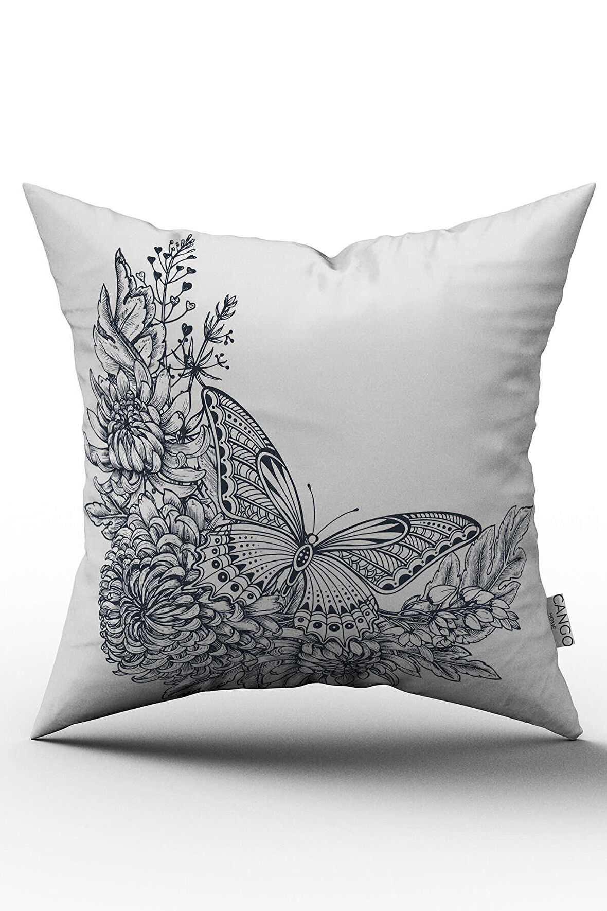 Beyaz Siyah Kelebek Desenli Dijital Baskılı Kırlent Kılıfı  - OTYK802