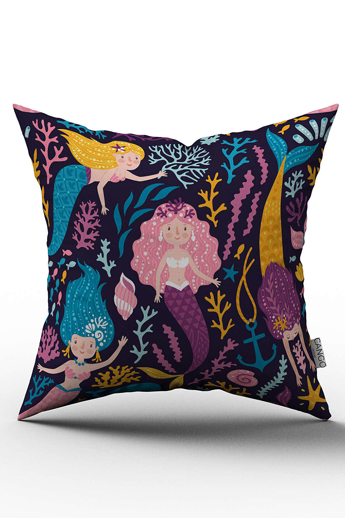 Sarı Pembe Deniz Kızı Desenli Dijital Baskılı Çocuk Kırlent Kılıfı  - OTYK804