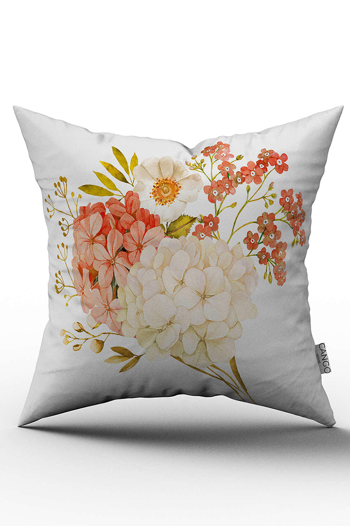 Beyaz Turuncu Çiçek Desenli Kırlent Yastık Kılıfı - CGH010