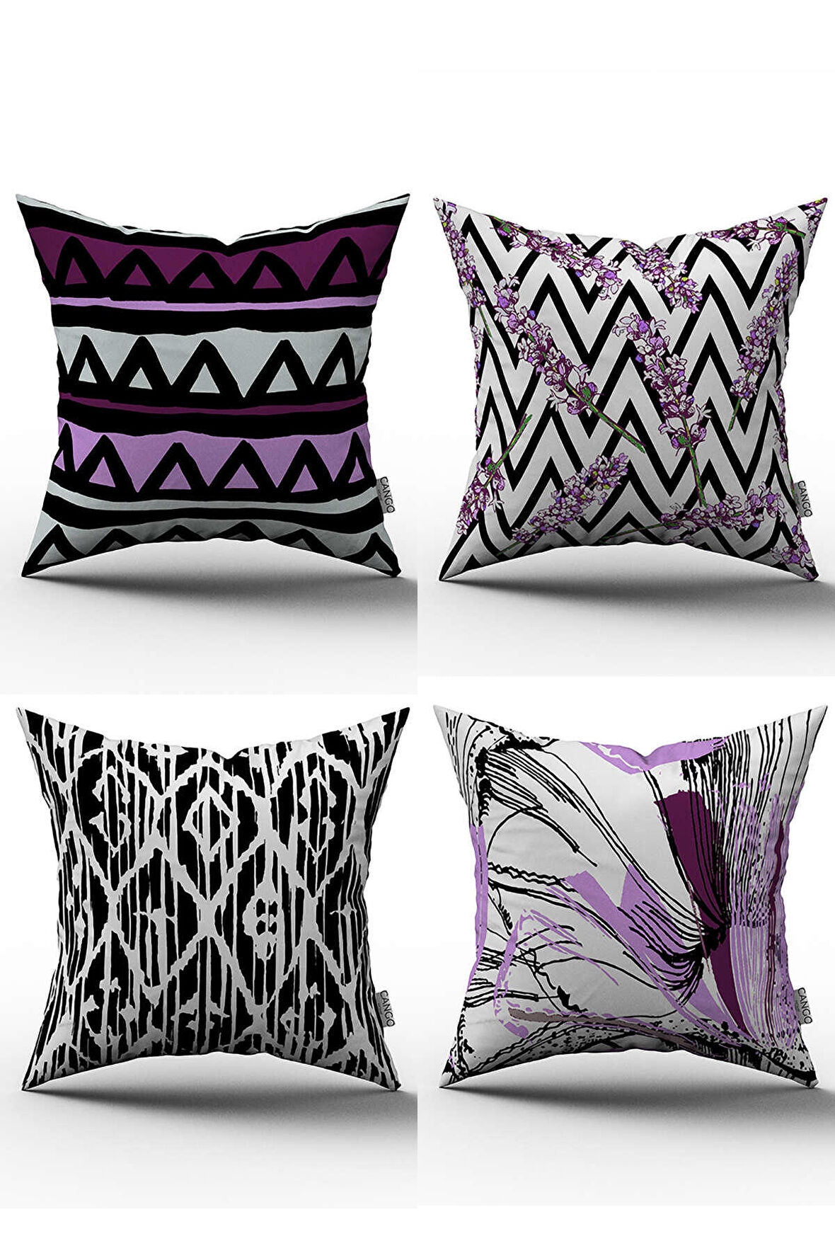Mor Beyaz Soyut Çiçek Desenli 4'lü Dijital Baskılı Kırlent Kılıfı Seti -  4kmbs061