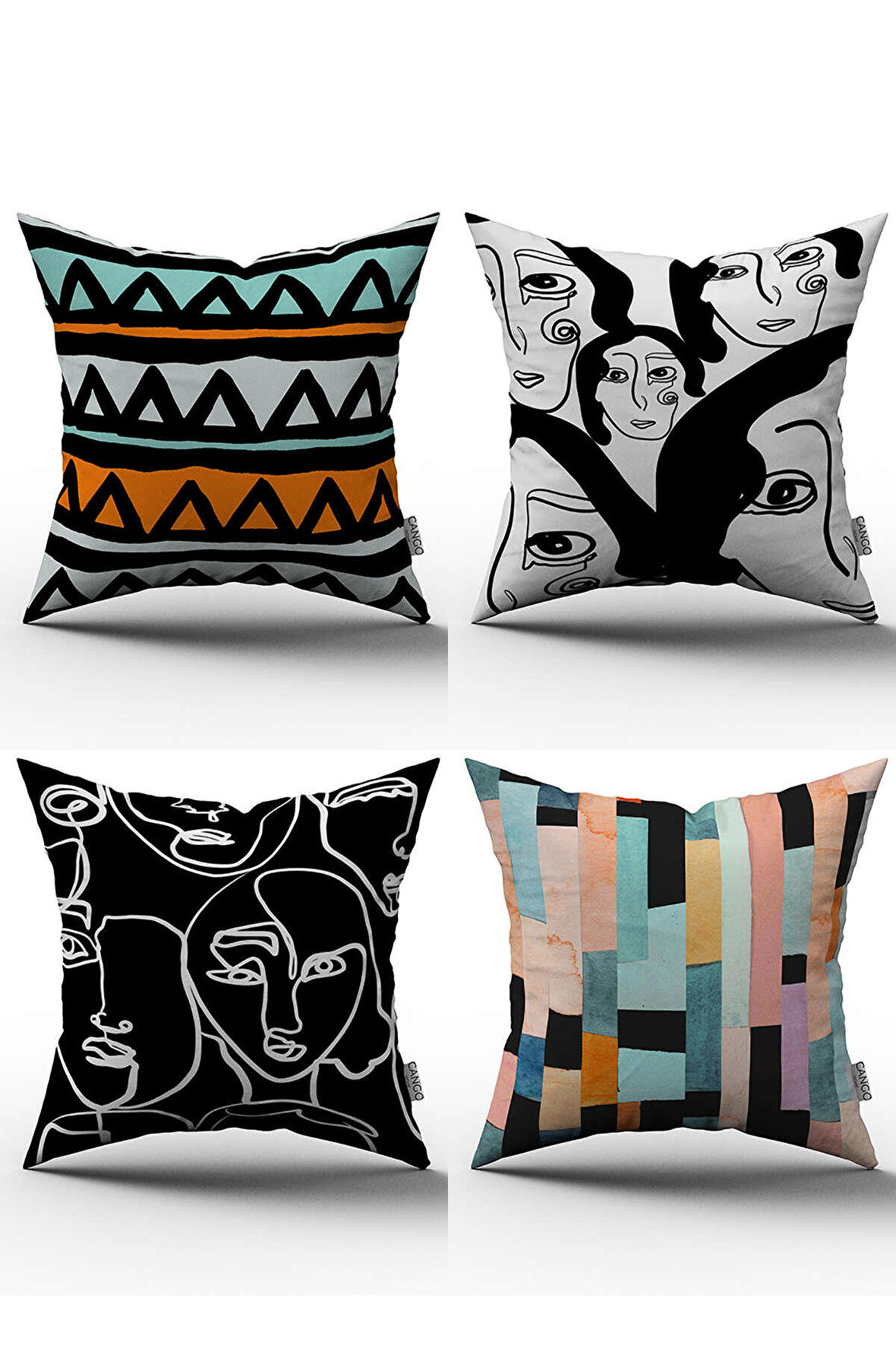 Beyaz Siyah Soyut Figür Desenli 4'lü Dijital Baskılı Kırlent Kılıfı Seti -  4kmbs064