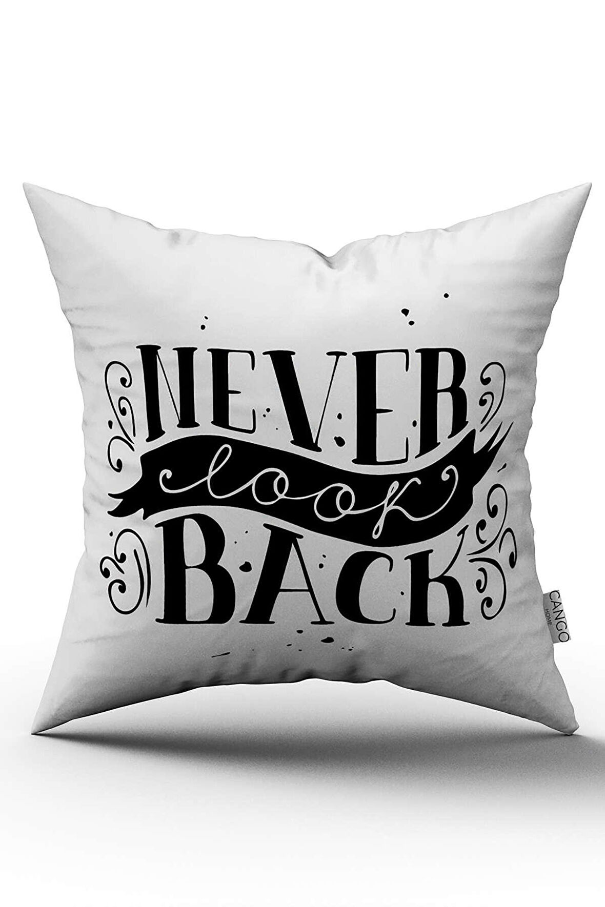 Çift Taraflı Beyaz Siyah Never Look Back Yazılı Dijital Baskı Kırlent Yastık Kılıfı - CGH419-CT