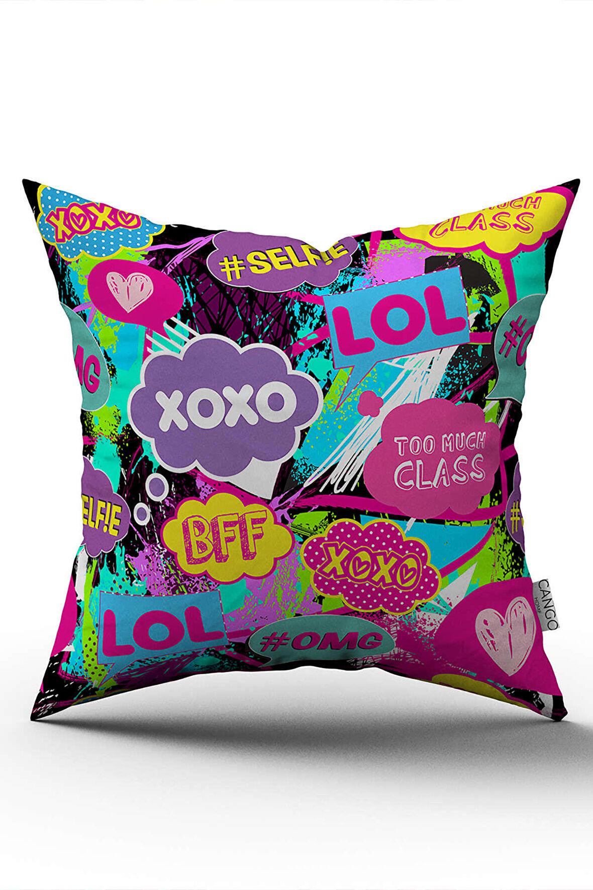 Çift Taraflı Siyah Çok Renkli Popart Desenli Dijital Baskı Kırlent Yastık Kılıfı - CGH391-CT