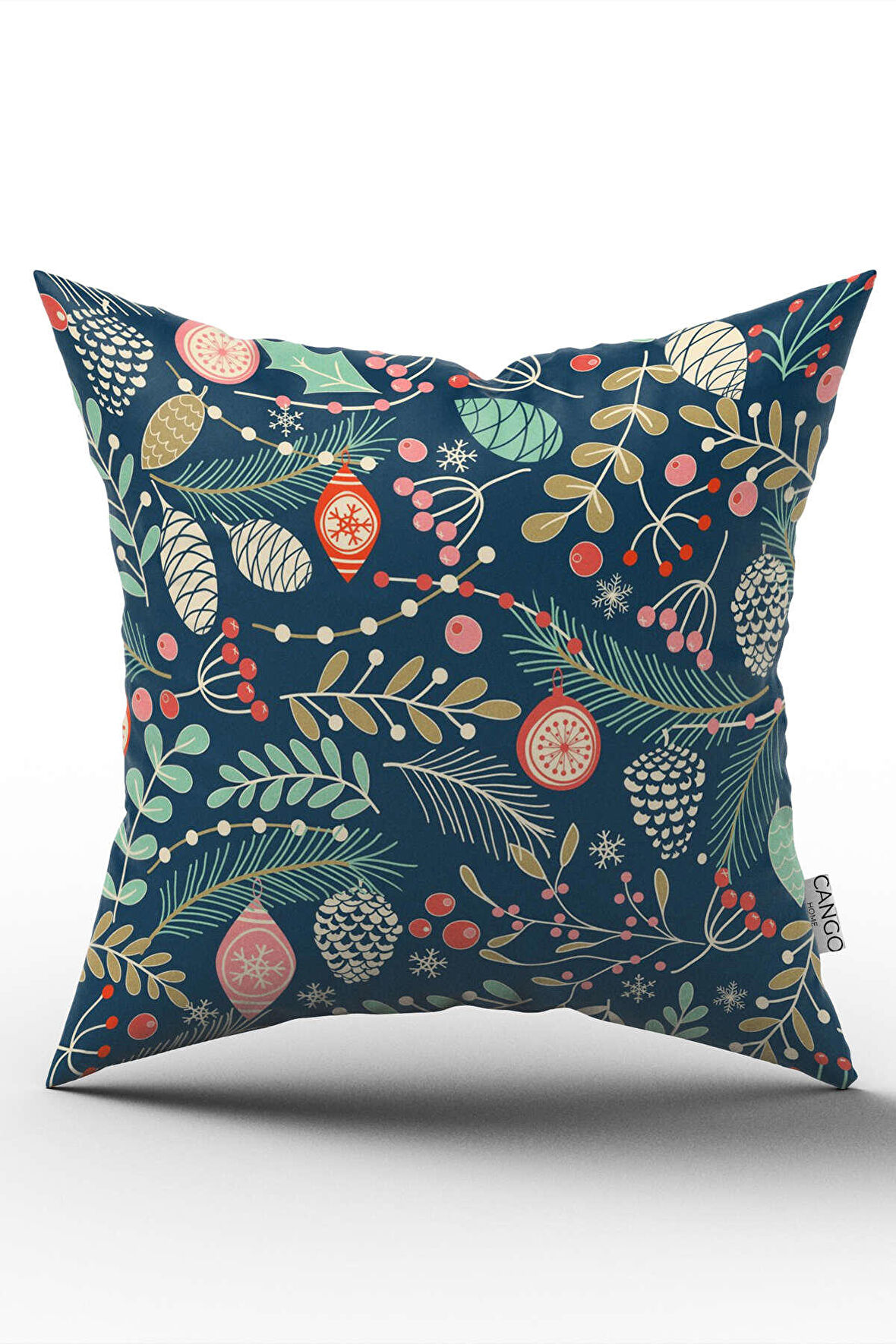 Çift Taraflı Yeşil Çok Renkli Yılbaşı Temalı Dijital Baskılı Kırlent Yastık Kılıfı - CGH294-CT