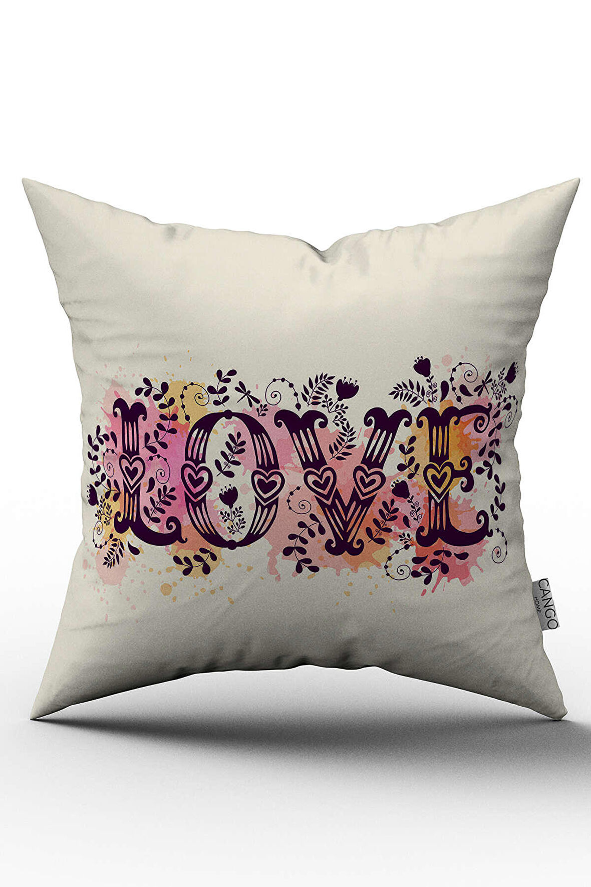 Çift Taraflı Krem Pembe Love Yazılı Kırlent Yastık Kılıfı - CGH111-CT