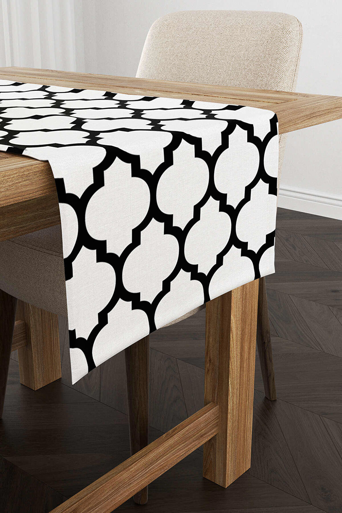 Beyaz Siyah Modern Geometrik Desenli Dijital Baskılı Runner - OTYK551-RN