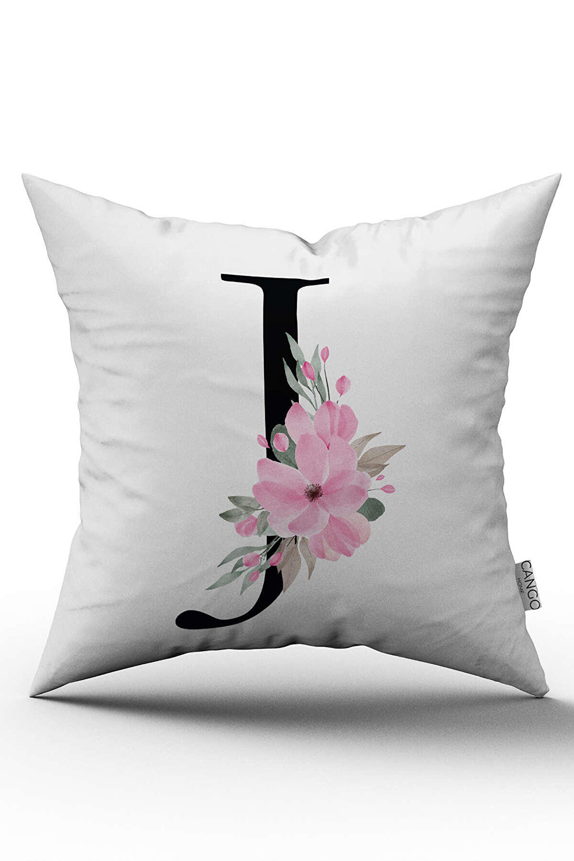Pembe Çiçekli Harfli Kırlent Kılıfı J Harfi