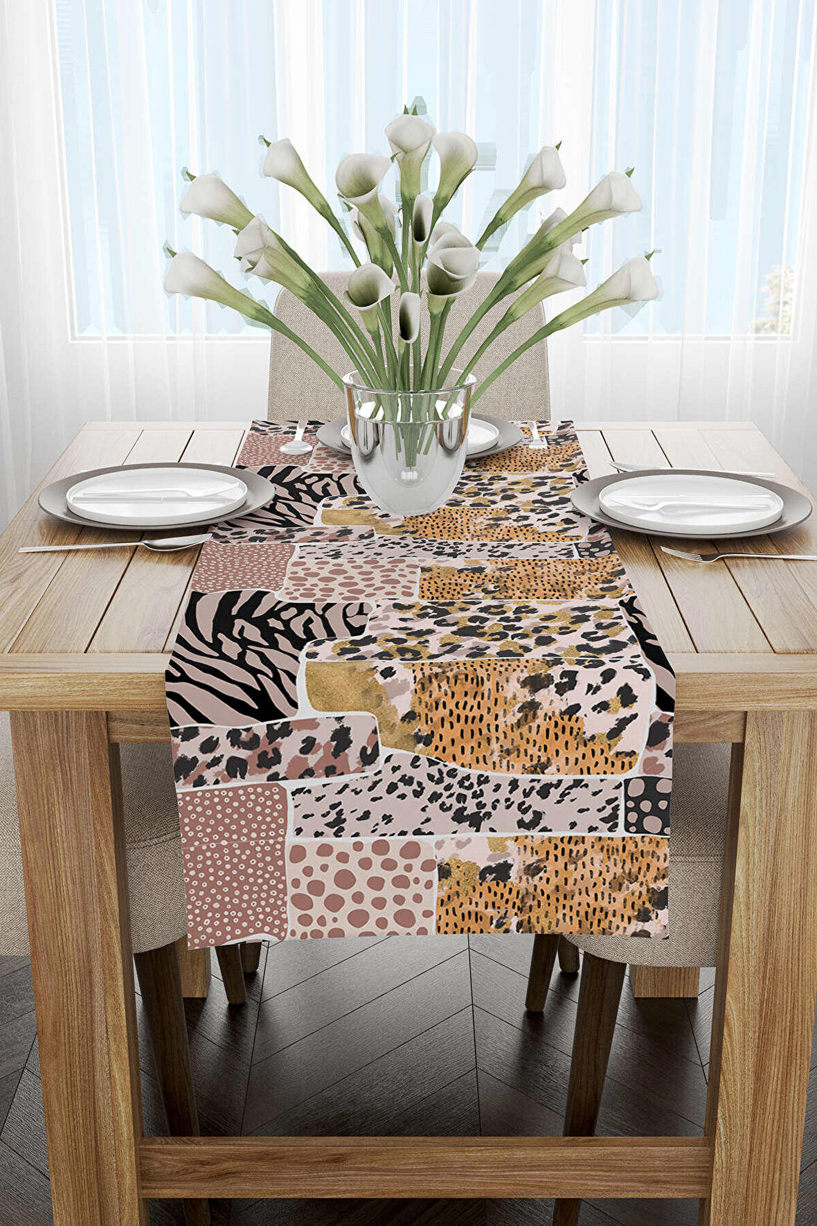 Kahverengi Pembe Zebra Leopar Desenli Dijital Baskı Runner - CGH359-RN