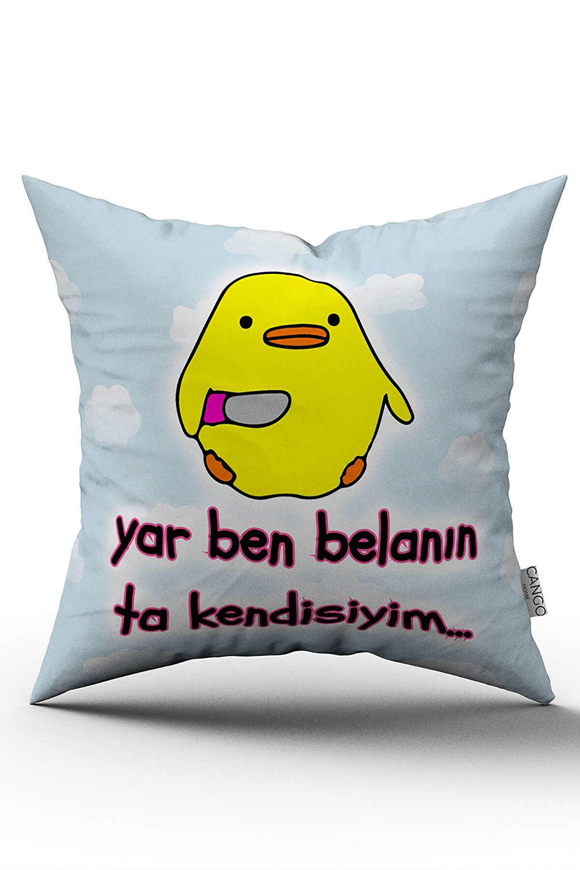Belalı Civciv Sarı Beyaz  Yar Ben Belanın Ta Kendisiyim Yazılı Dijital Baskı Kırlent Yastık Kılıfı - CGH404