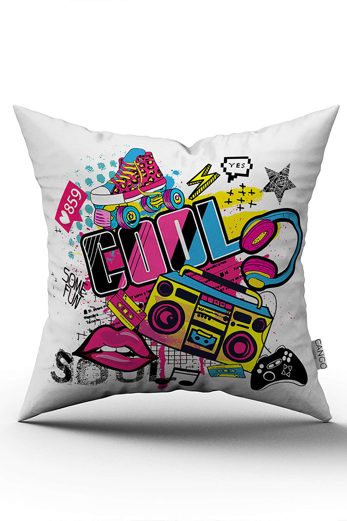 Beyaz Çok Renkli Popart Desenli Dijital Baskı Kırlent Yastık Kılıfı - CGH420