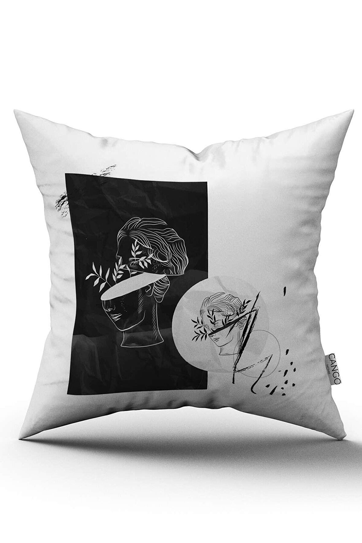 Beyaz Siyah Modern Heykel Figürlü Dijital Baskılı Kırlent Kılıfı CGH547