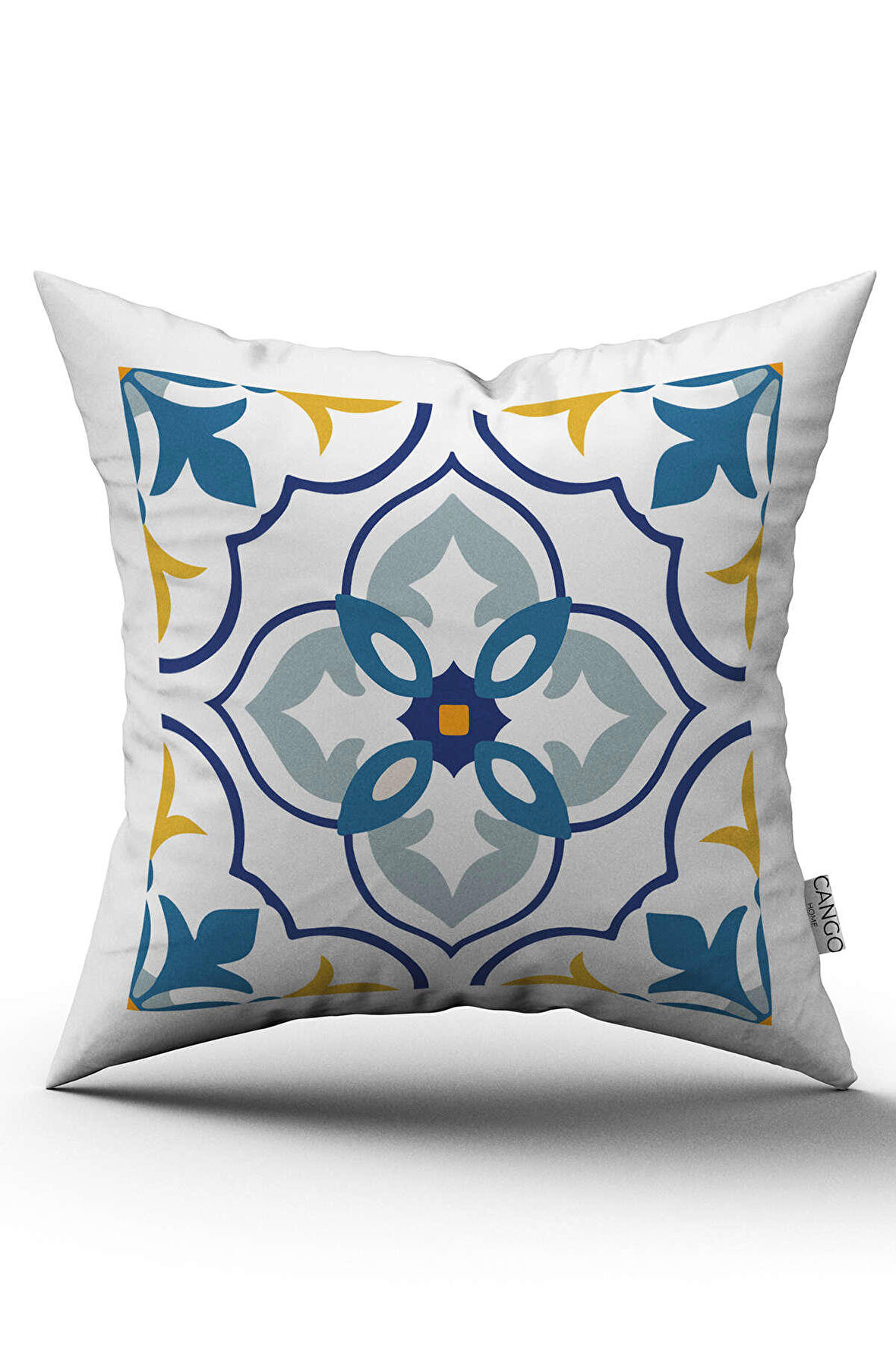 Beyaz Mavi Modern Etnik Karo Desenli Dijital Baskılı Kırlent Kılıfı CGH562