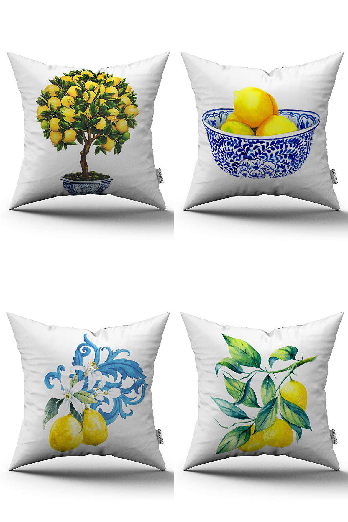 Beyaz Limon Desenli Dijital Baskılı Kırlent Kılıfı Seti 4kmbs96