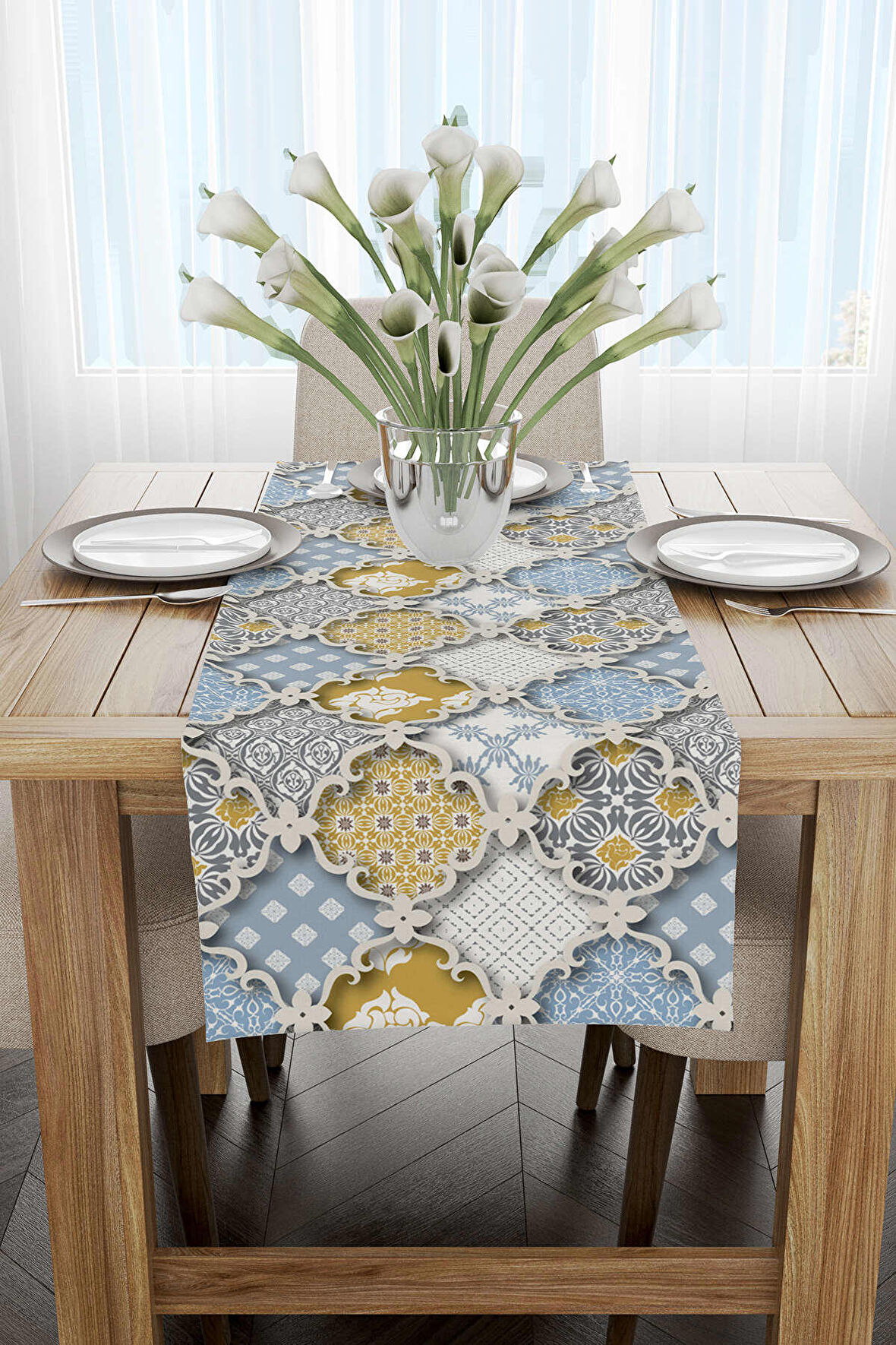 Sarı Mavi Etnik Vintage Desenli Dijital Baskılı Runner CGH583-RN