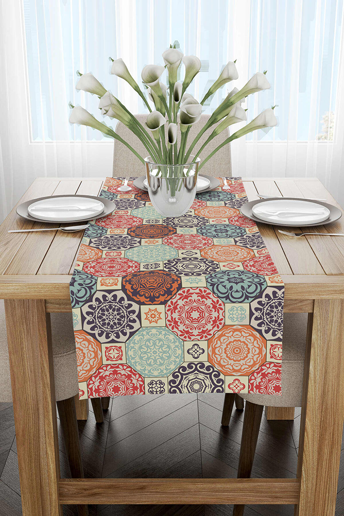 Krem Çok Renkli Retro Vintage Desenli Dijital Baskılı Runner CGH612-RN