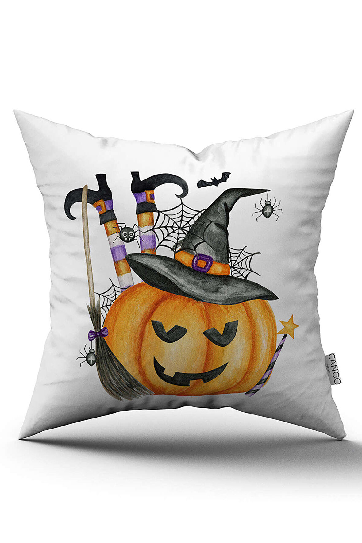 Turuncu Halloween Balkabağı Desenli Dijital Baskılı Kırlent Kılıfı CGH746