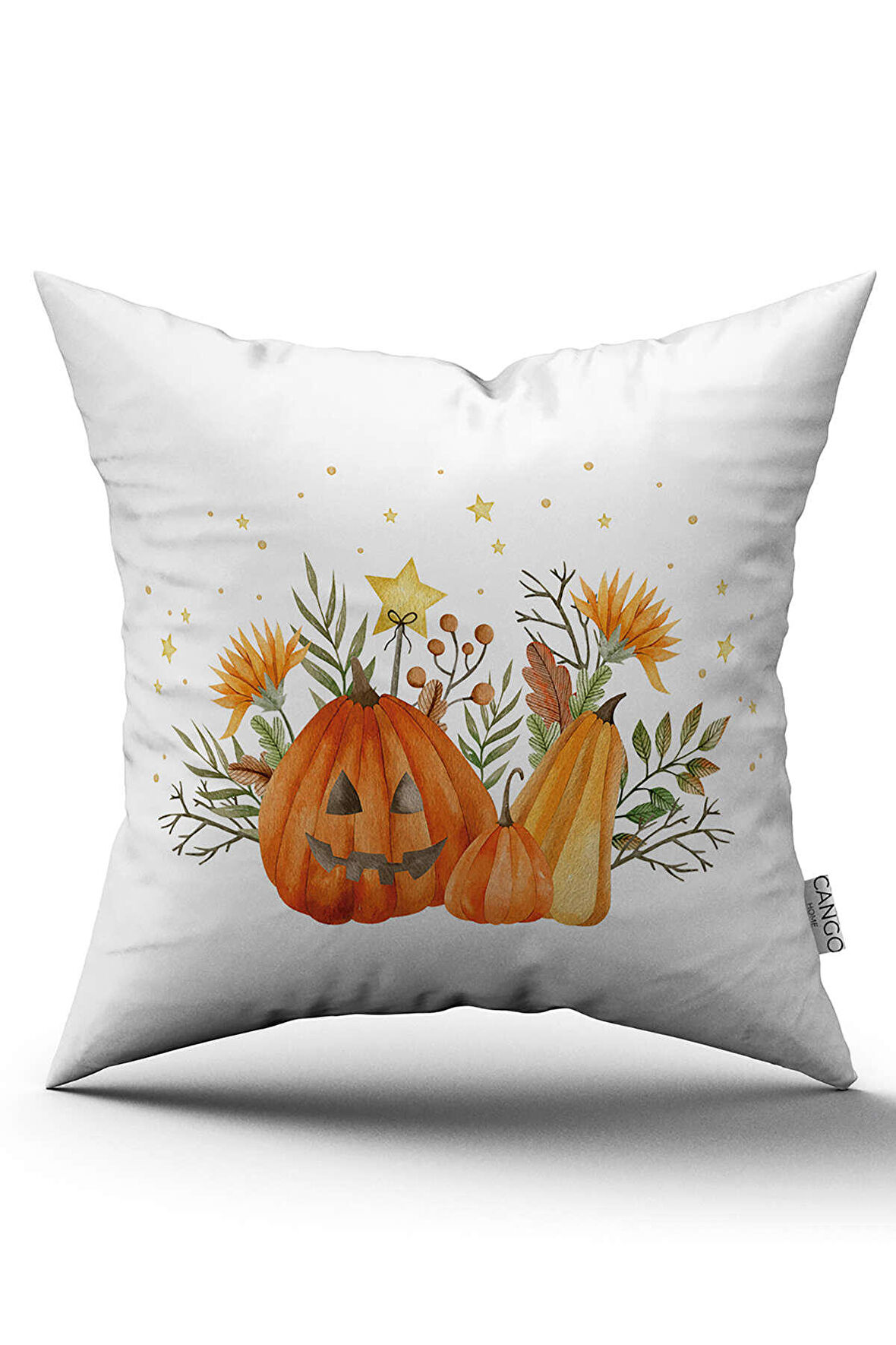 Turuncu Halloween Balkabağı Desenli Dijital Baskılı Kırlent Kılıfı CGH758